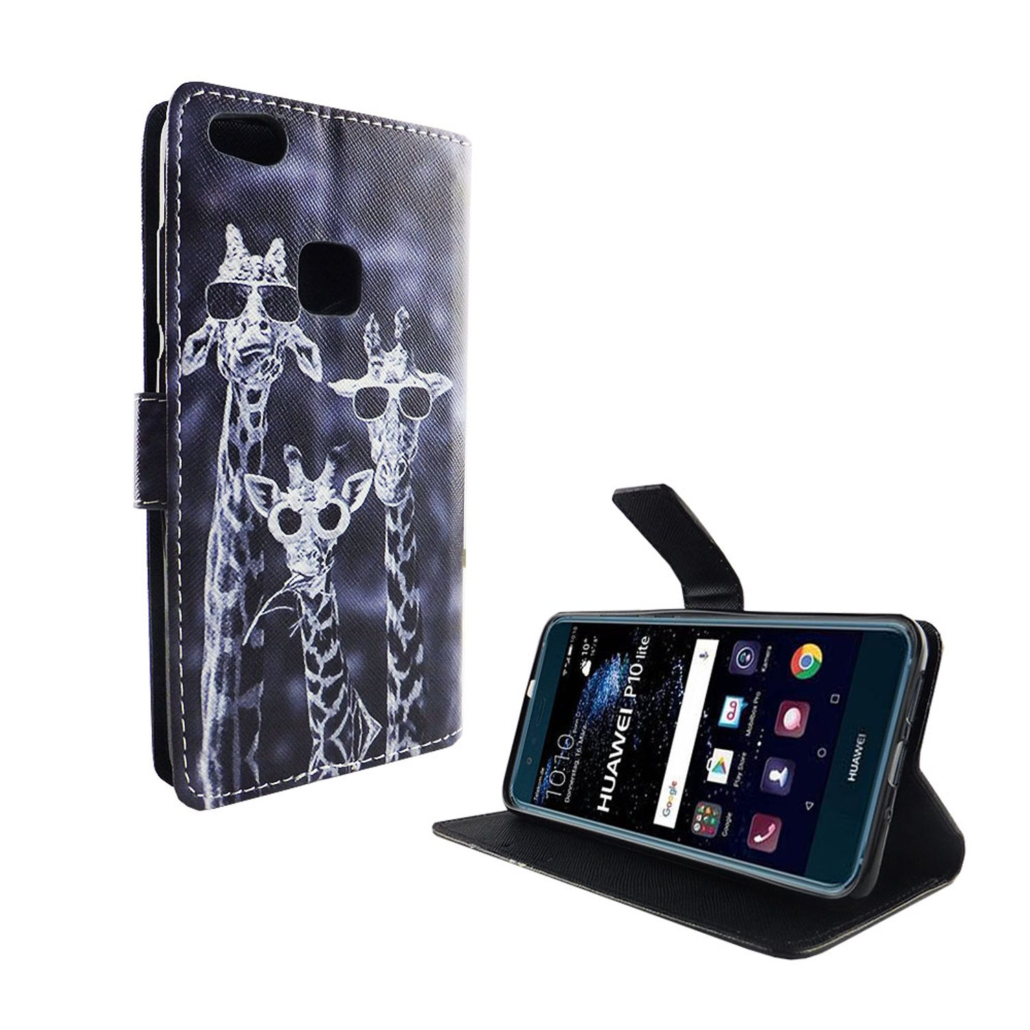 Handyhülle mit Giraffen mit Sonnenbrillen. Das Telefon zeigt Huawei P10 lite. Hülle ist offen.