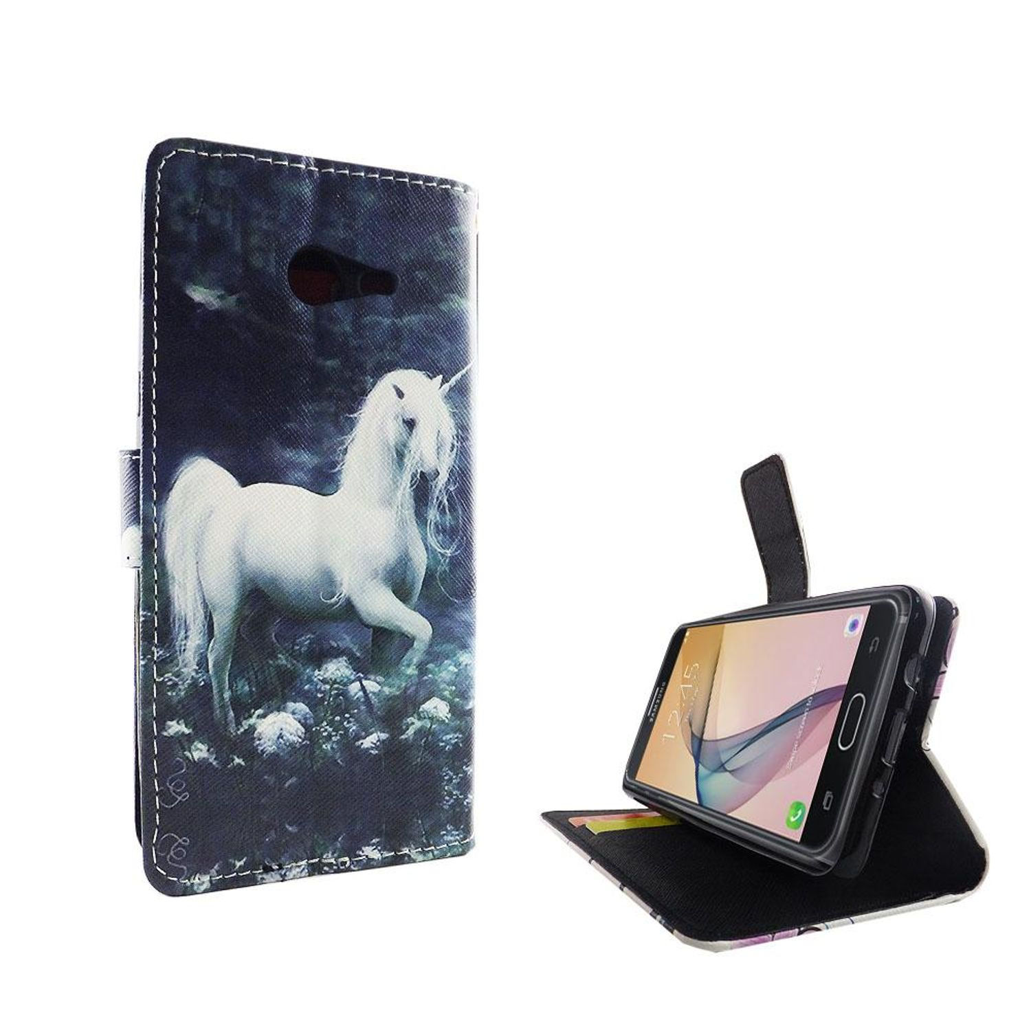 Eine Handyhülle mit einem Einhorn-Bild. Das Telefon wird angezeigt. Der Hintergrund ist weiß.