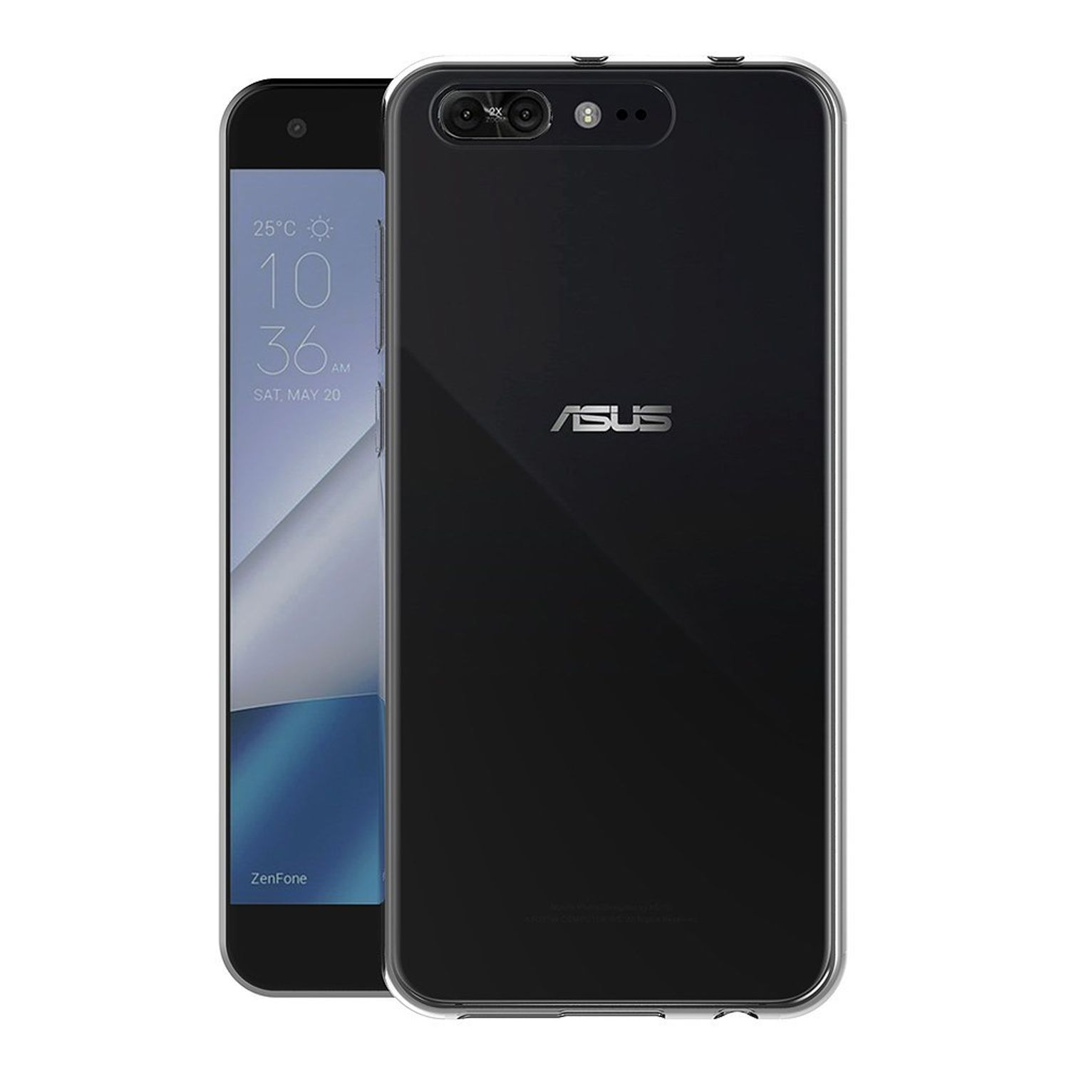 Schwarzes Telefon mit transparenter Hülle auf der Rückseite und ASUS-Logo. Zeigt Uhrzeit und Datum.