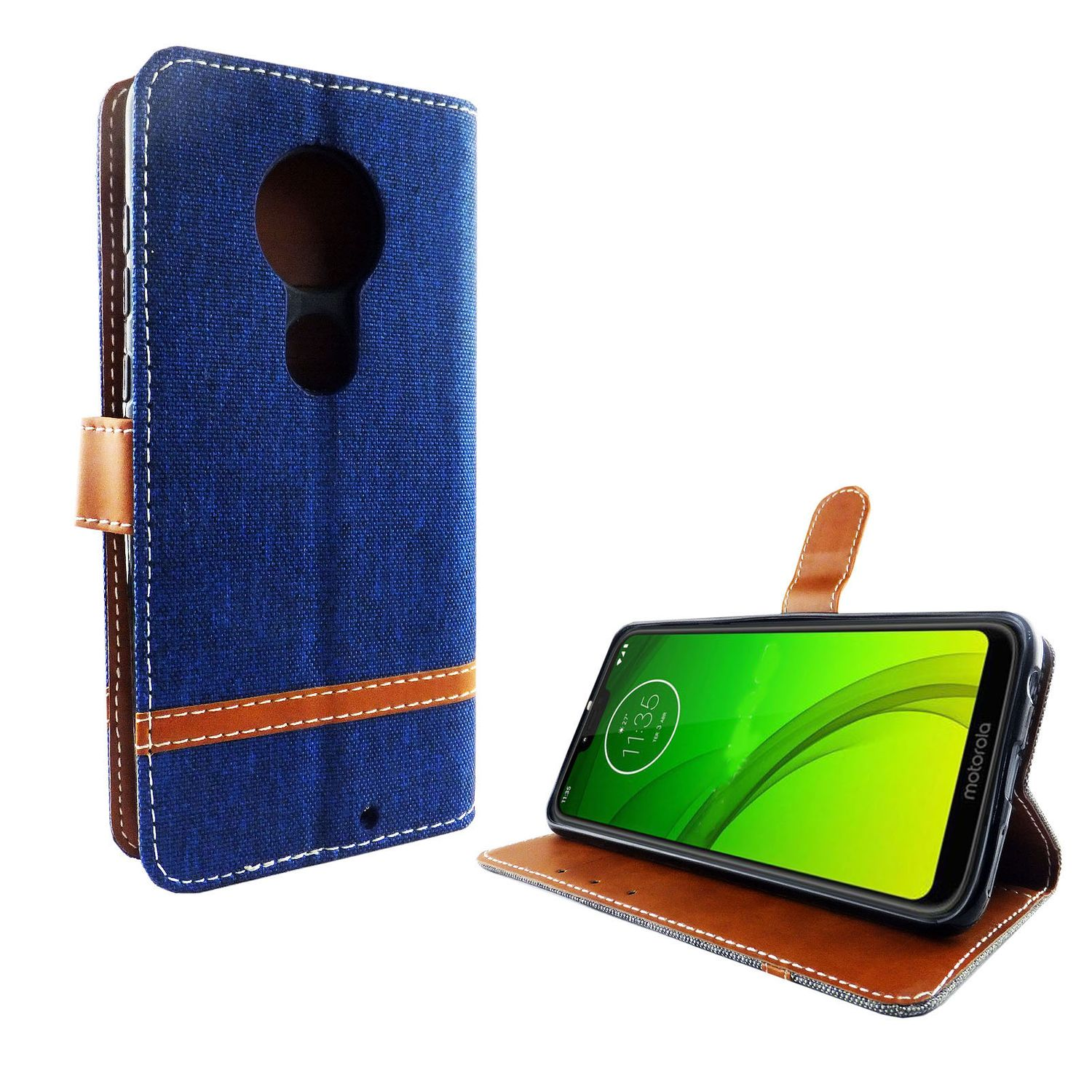 Blaue Denim-Handyhülle, geöffnet, um das Telefon zu zeigen. Braune Lederdetails, Knopfverschluss und ein braunes Innere.