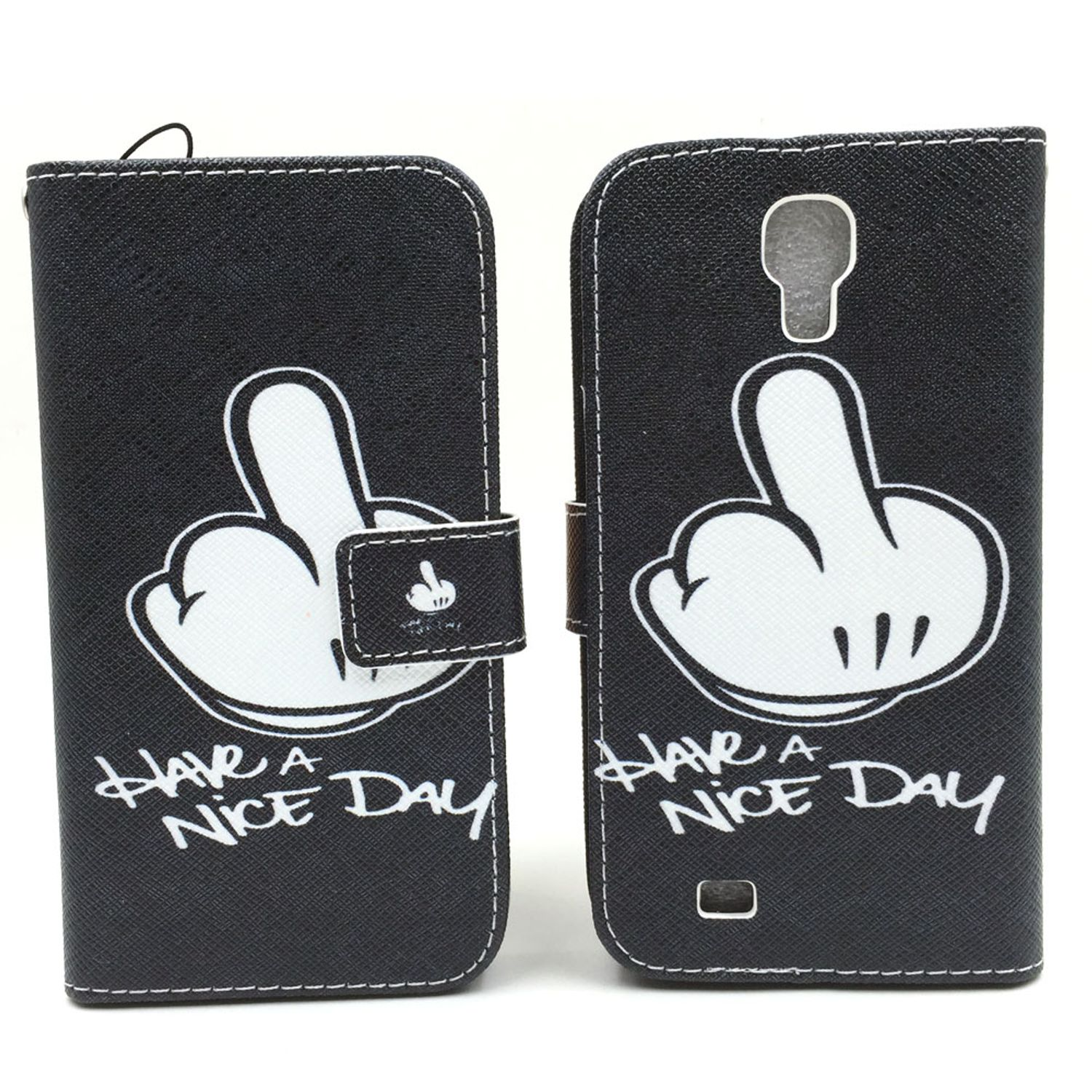 Schwarze Handyhülle mit weißer Handgeste. Text „Have a nice day“. Weißer Hintergrund.