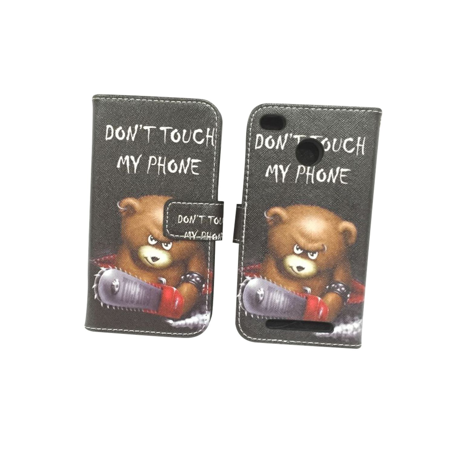 Eine Handyhülle mit einem Bären, der eine Kettensäge hält. 'DON'T TOUCH MY PHONE' steht darauf. Offen und geschlossen.
