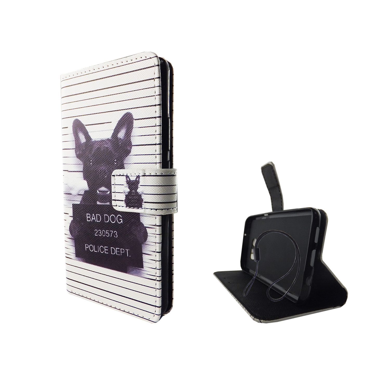 Handyhülle mit Hundeillustration und den Worten 'BAD DOG'. Weißer Hintergrund.