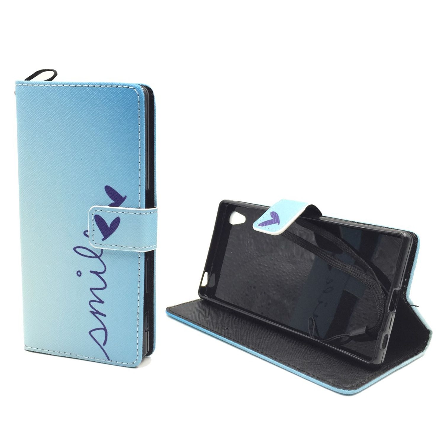 Blau-weißes Handycase mit dem Wort „Smile“. Geöffnete Handyhülle mit Telefon.