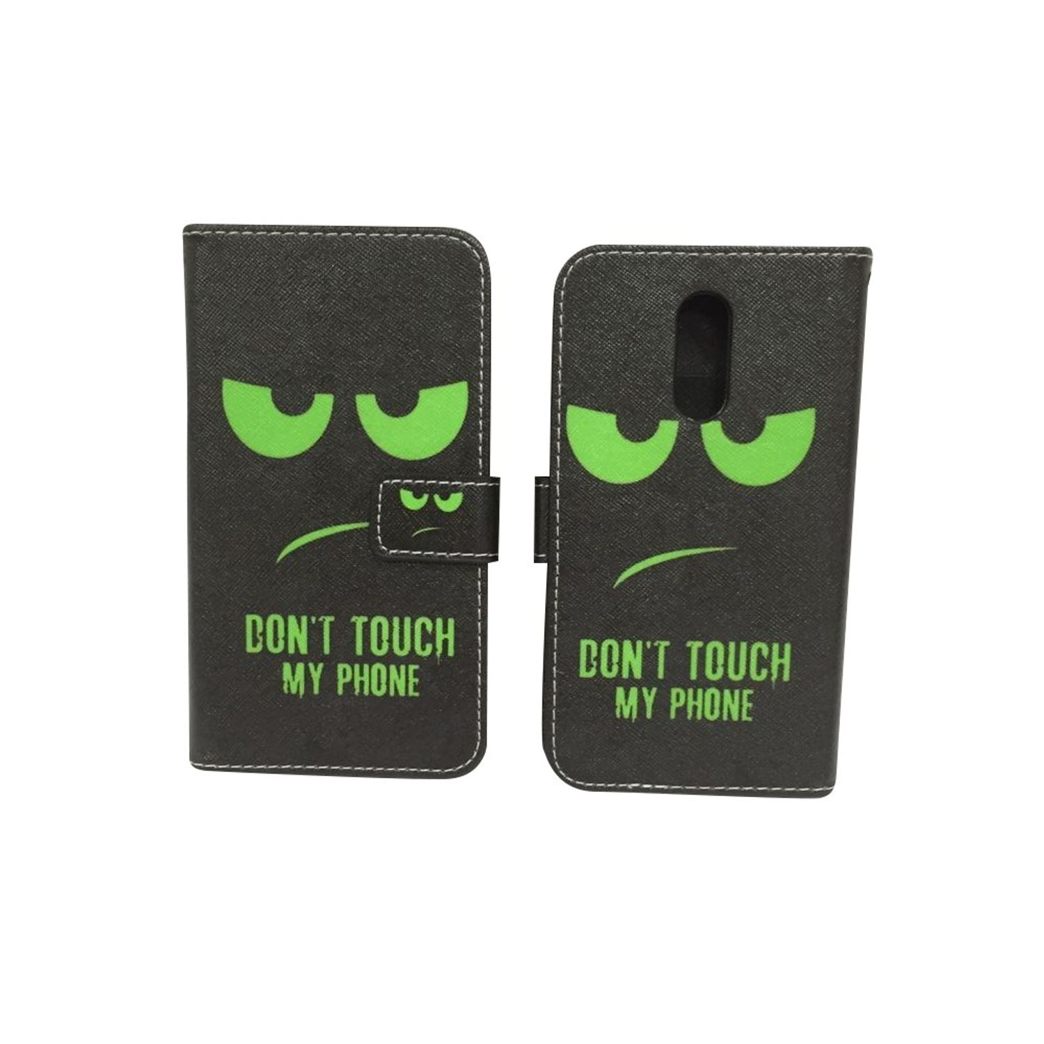 Schwarze Handyhülle mit grünem, wütenden Gesichtsdesign. Text 'DON'T TOUCH MY PHONE'.