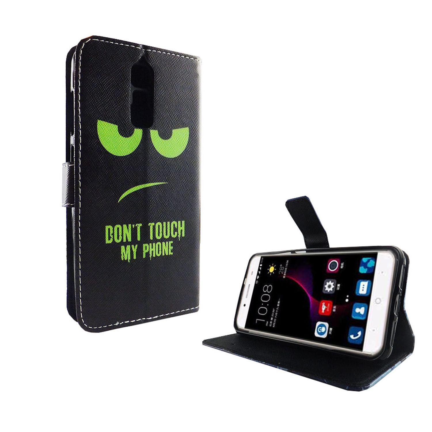 Schwarze Handyhülle mit wütendem Gesicht, offen mit Telefon.
