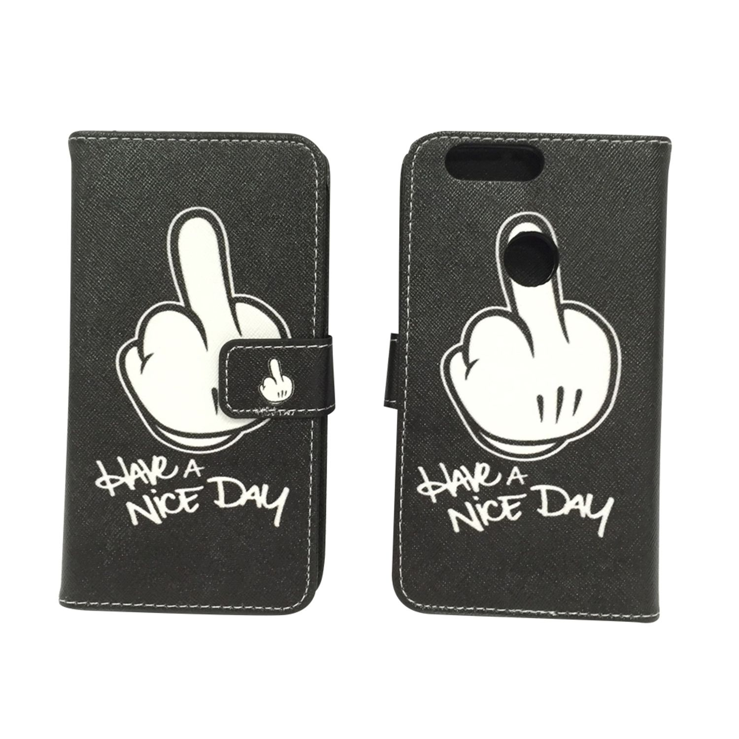 Schwarze Handyhülle mit Mittelfinger-Grafik und Text: HAVE A NICE DAY. Telefon offen, Display sichtbar.