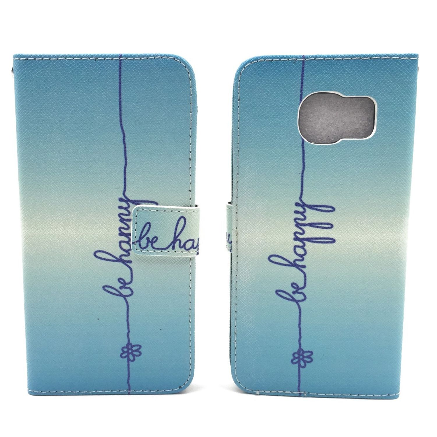 Blaue Handyhülle, offen und geschlossen. Text 'be happy' auf dem Cover. Weißer Hintergrund.