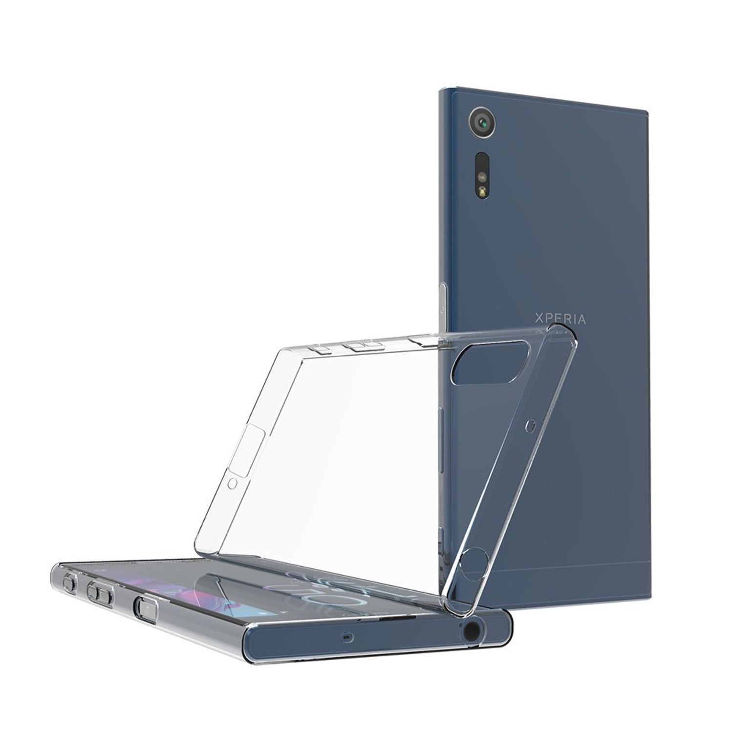 Ein Telefon und seine Hülle werden gezeigt. Das Telefon ist blau und die Hülle ist transparent.