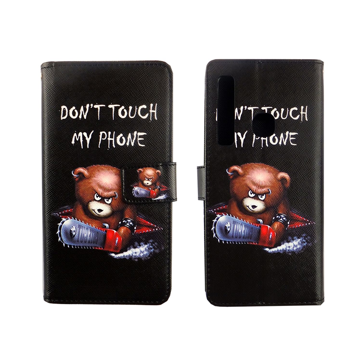 Schwarze Handyhülle mit einem Comic-Bären mit Kettensäge. Text: „DON'T TOUCH MY PHONE“.