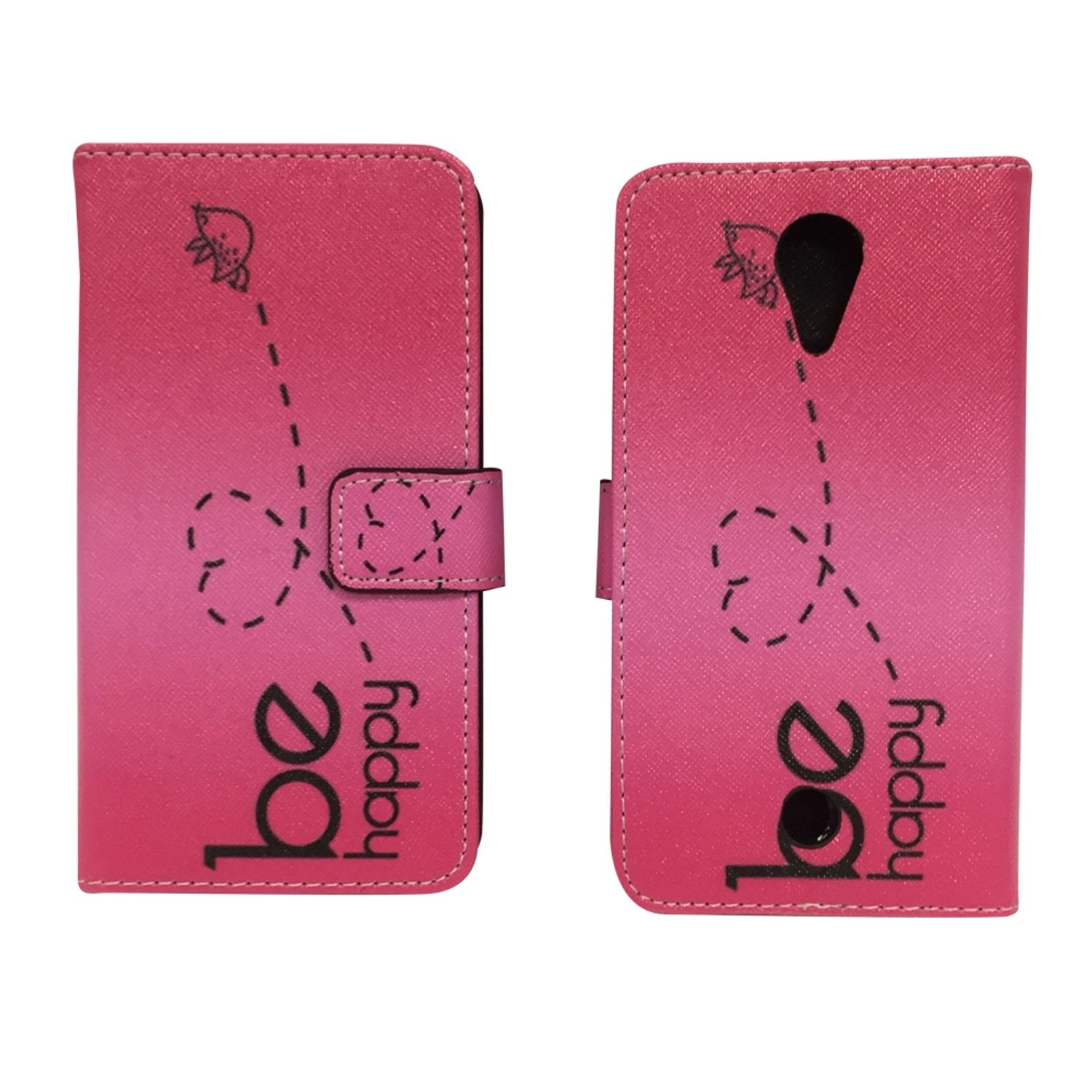 Eine pinke Handyhülle mit 'sei glücklich' und einem Bienen-Design. Geöffnete und geschlossene Ansicht.
