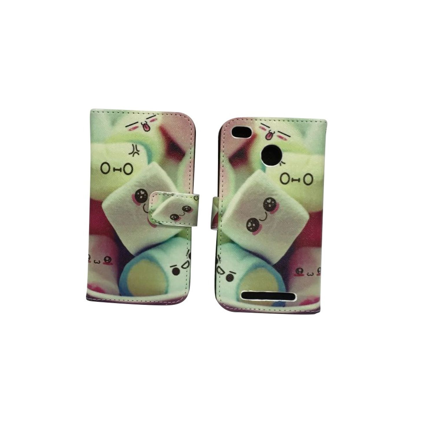 Eine Handyhülle mit Marshmallow-Designs. Das offene Etui zeigt das Telefon im Inneren.