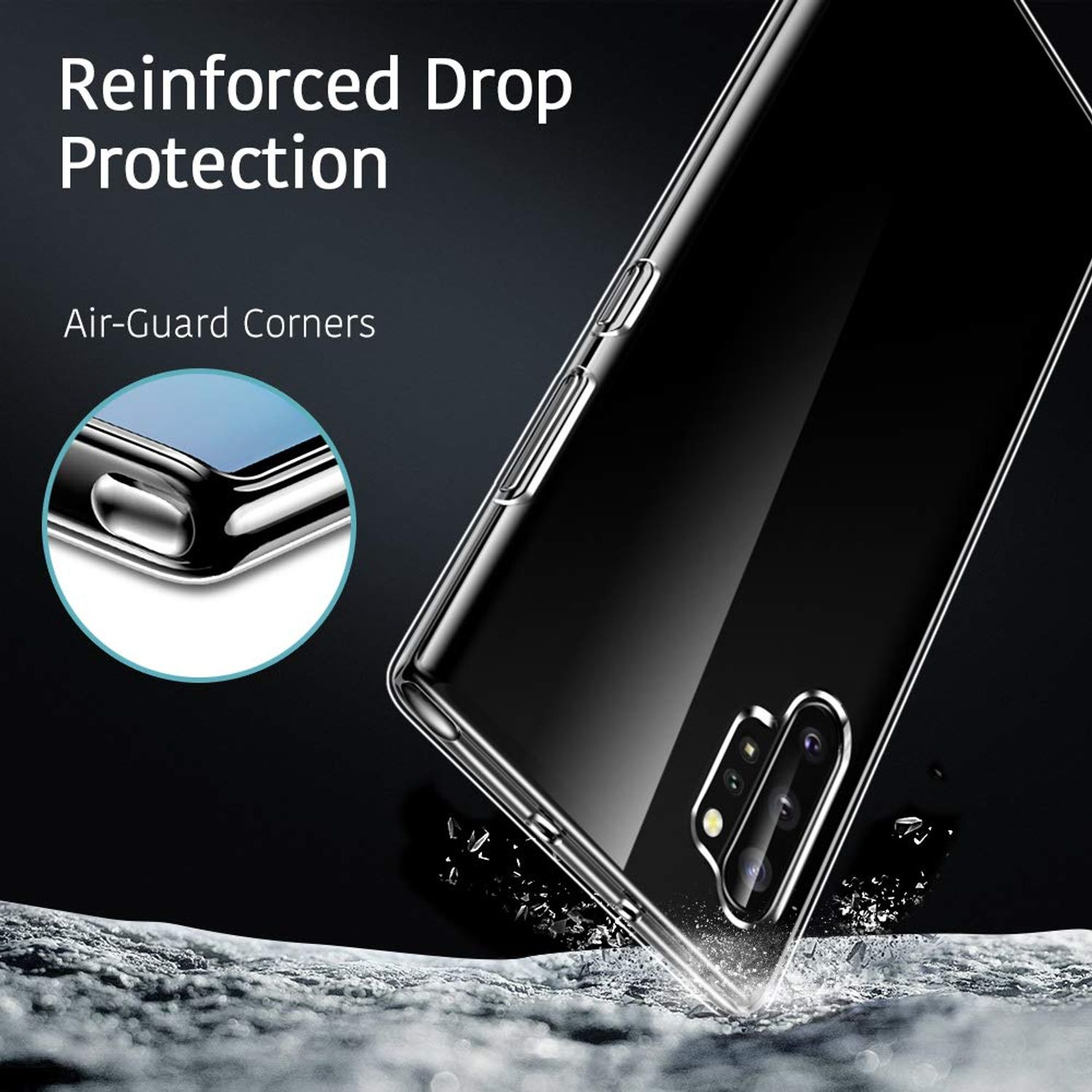 Transparente Handyhülle schützt ein schwarzes Telefon. Text 'Reinforced Drop Protection' & 'Air-Guard Corners'.