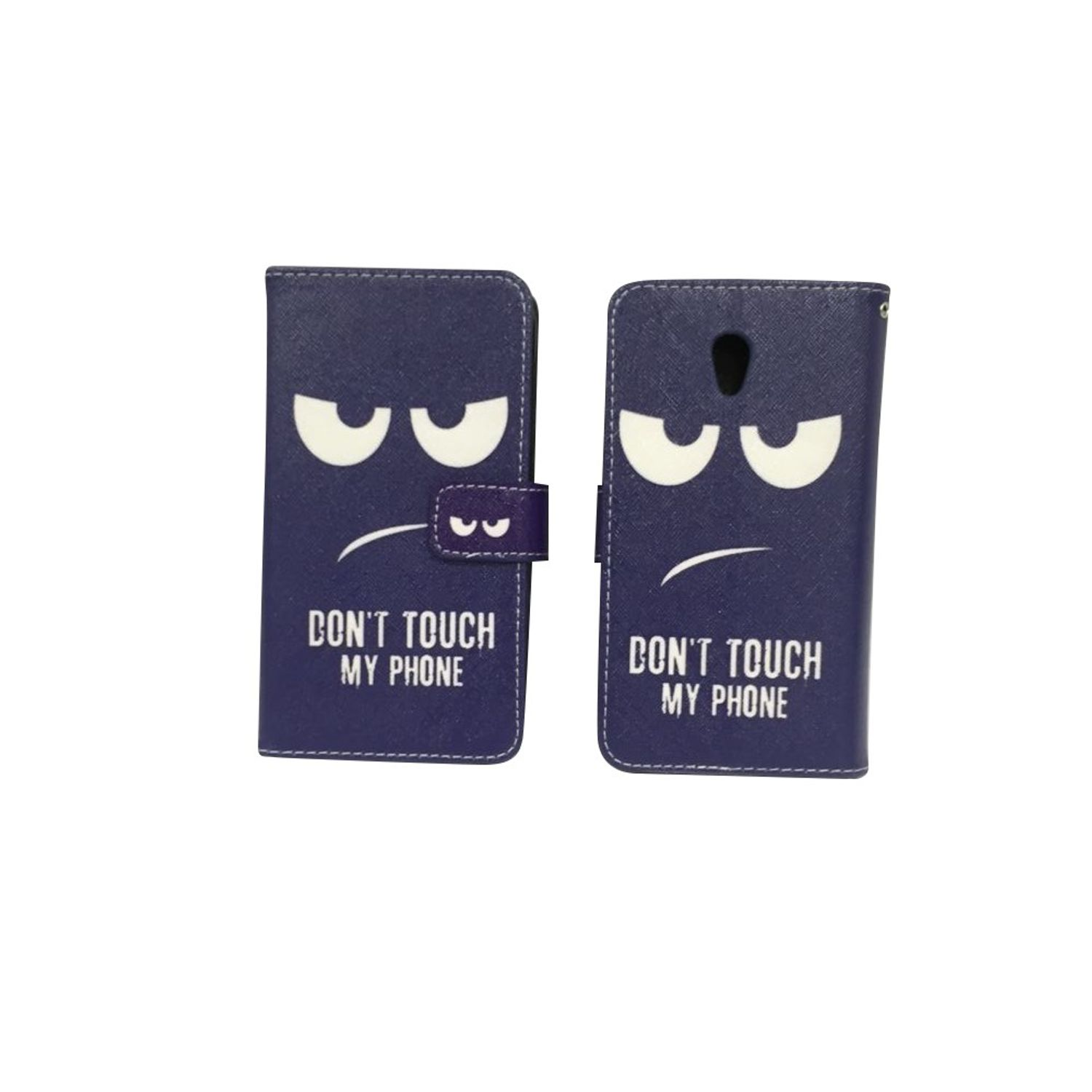 Blaue Handyhülle mit bösen Augen und Text 'DON'T TOUCH MY PHONE', offen und geschlossen.