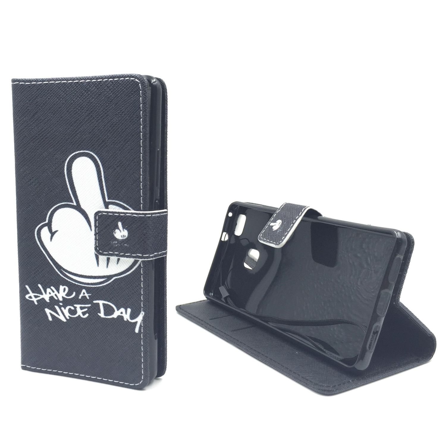 Schwarze Handyhülle mit Mittelfinger-Grafik und Text 'Have a Nice Day'. Weißer Hintergrund.