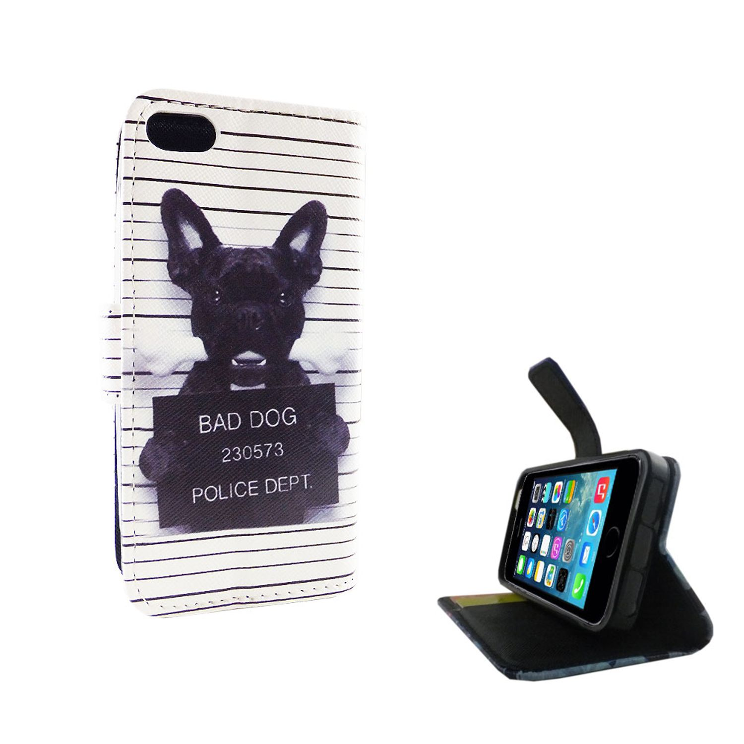 Handyhülle mit Hundefoto. Das Telefon zeigt App-Symbole. Hülle offen und Telefon steht.
