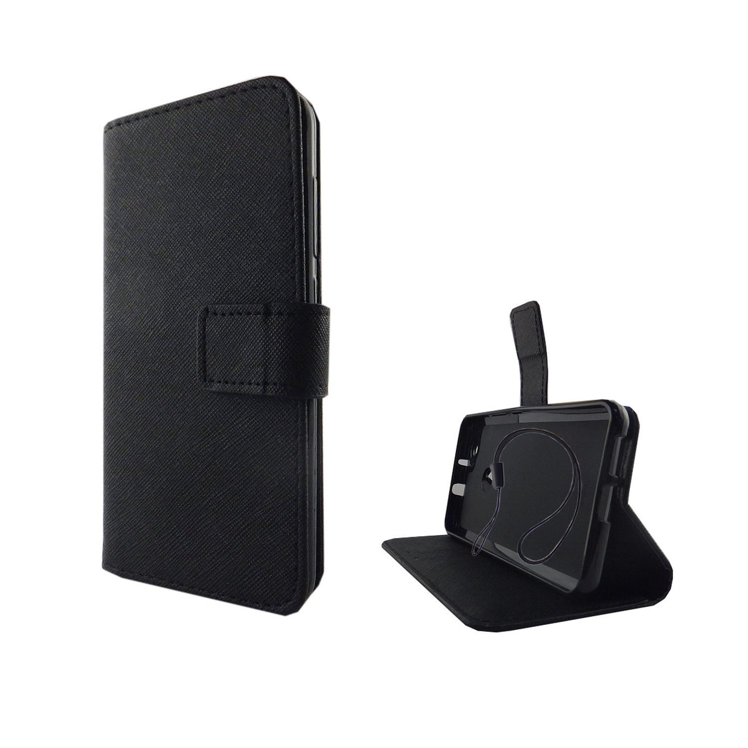 Zwei schwarze Handyhüllen, eine geschlossen, eine offen mit einem Telefon darin. Ein schwarz-weißer Hintergrund ist vorhanden.
