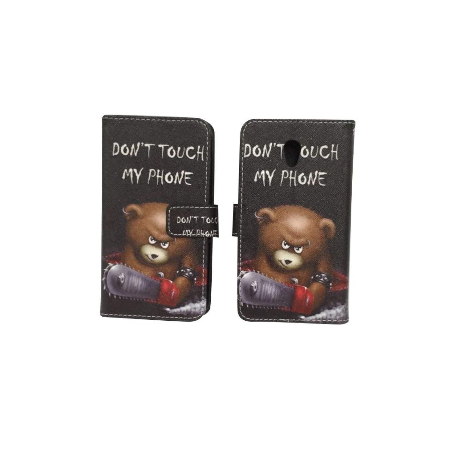 Handyhülle mit Bär und dem Text "DON'T TOUCH MY PHONE". Die Hülle ist offen, zwei Teile sichtbar.