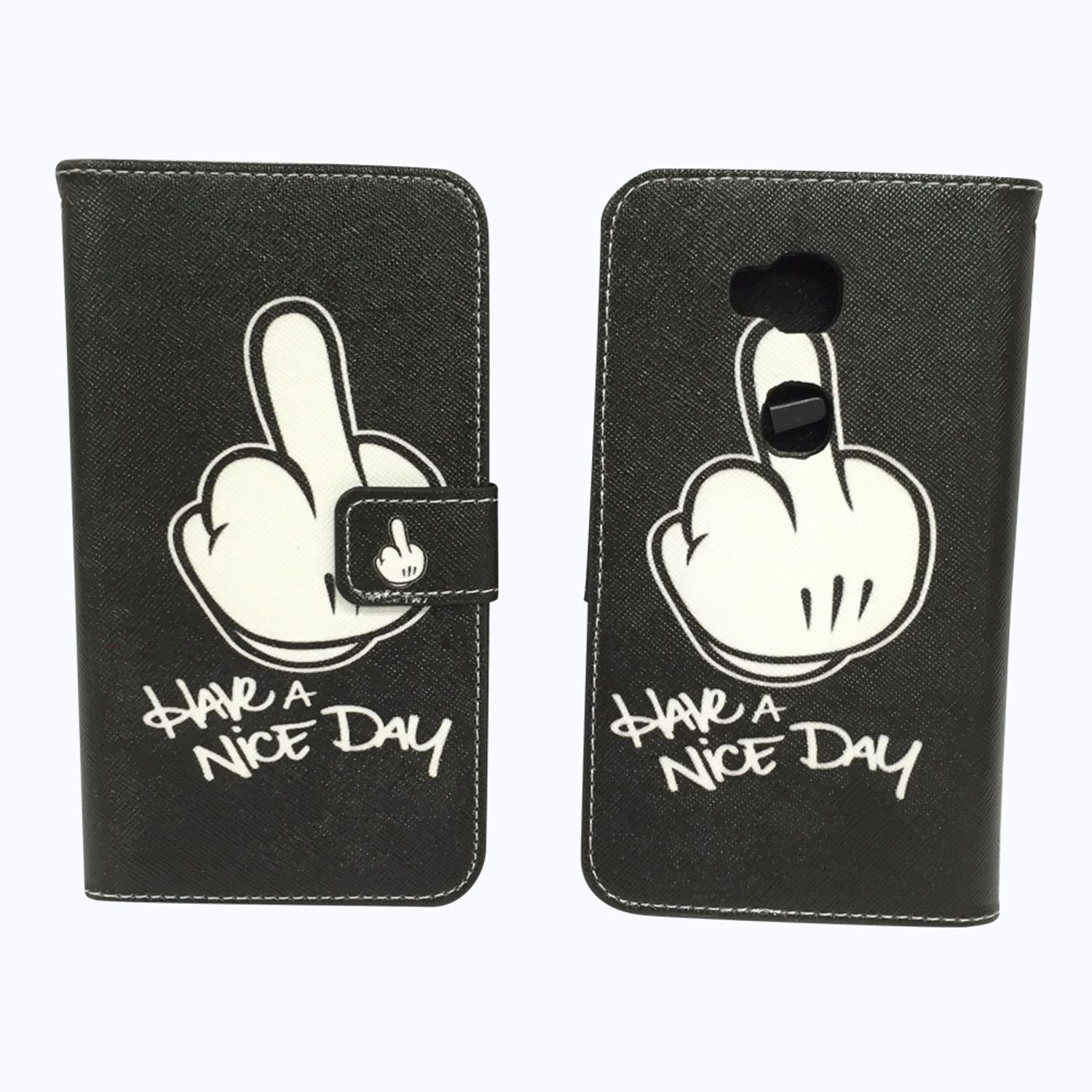 Schwarze Handyhülle mit Mittelfinger-Grafik, mit dem Text 'Have a nice day'.