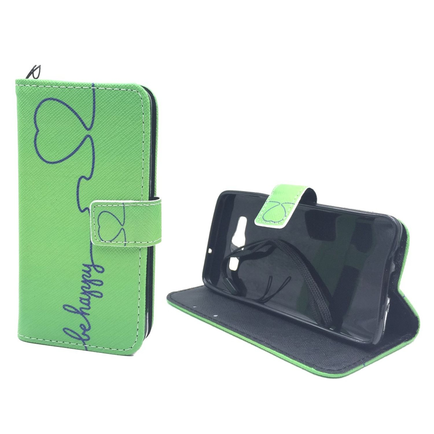 Grüne Handyhülle offen, zeigt ein Telefon. Hülle ist grün mit 'be happy' Text und Herz-Design.