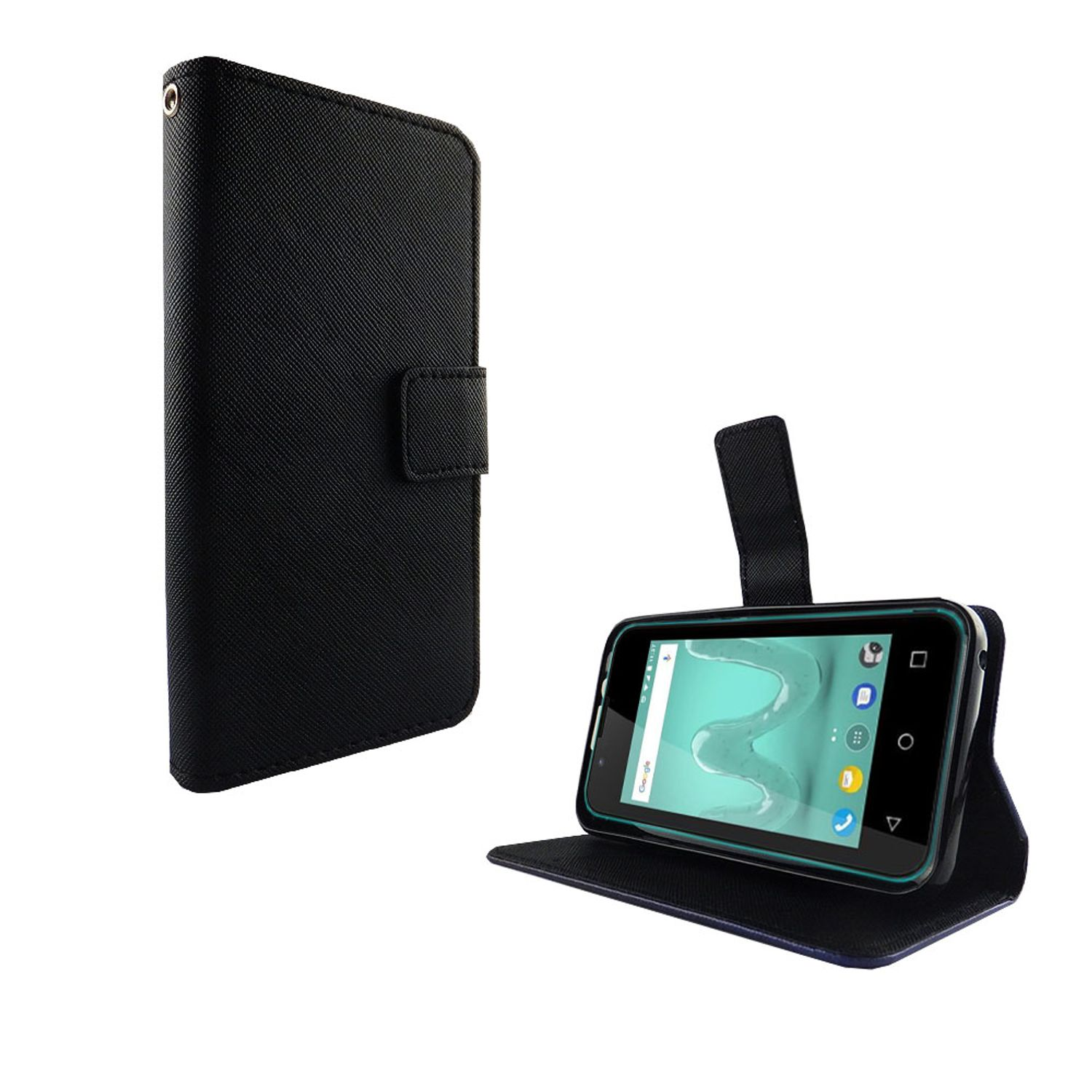 Geöffnete schwarze Handyhülle, die ein Telefon zeigt. Die Hülle befindet sich auf weißem Untergrund.