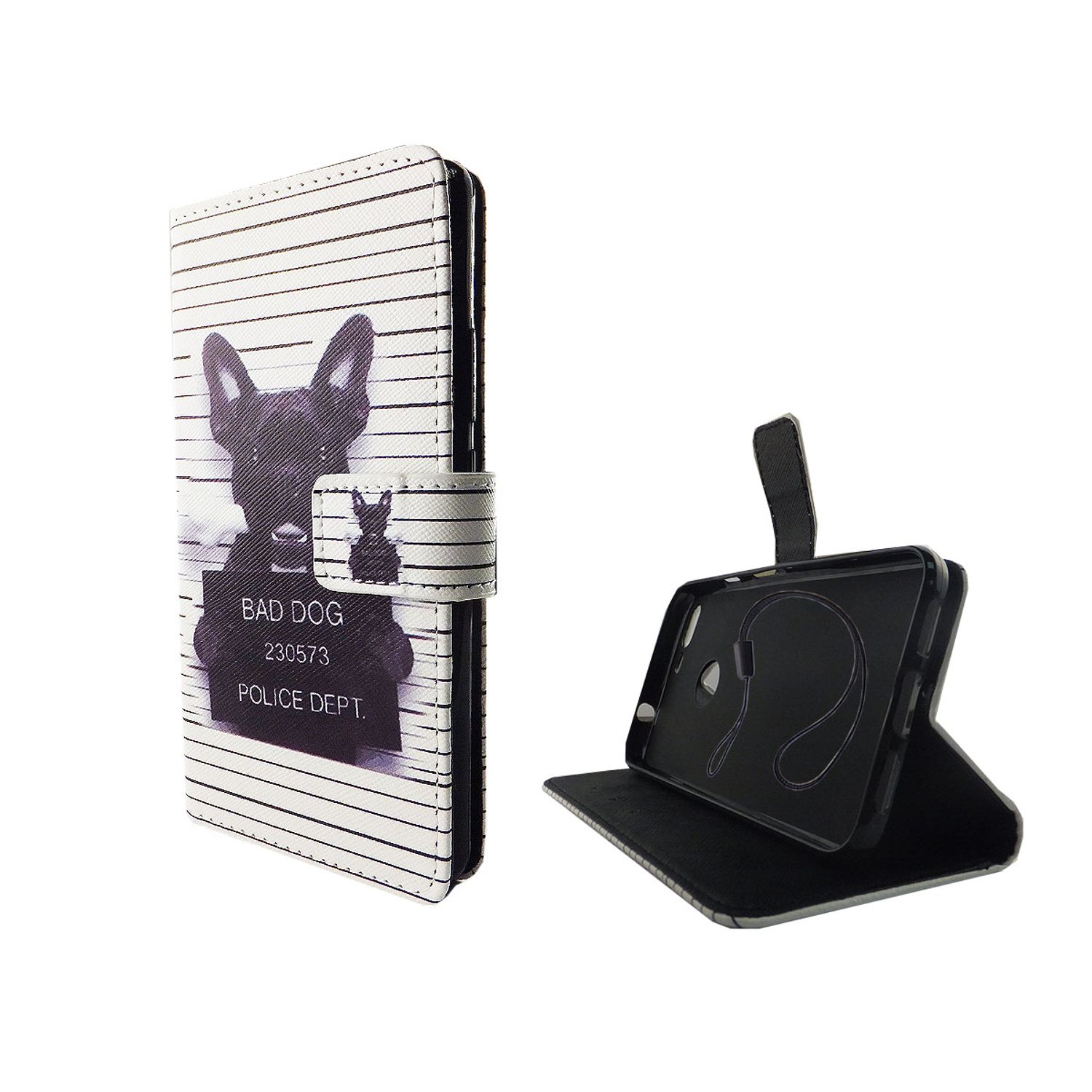 Schwarz-weißes Handycase mit einem Hundefoto. Text: „BAD DOG, POLICE DEPT.“.