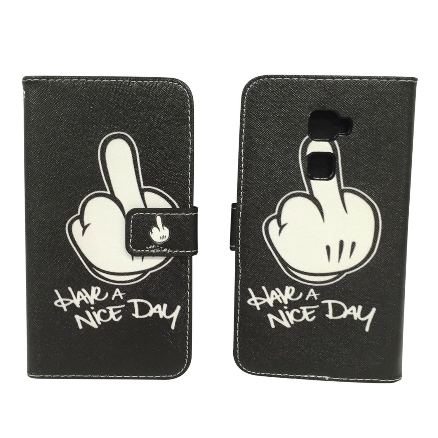 Schwarze Handyhülle mit weißem Zeichentrick-Mittelfinger und Text 'Have a nice day'.