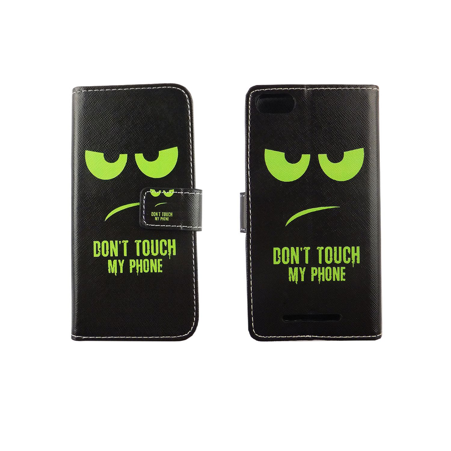 Schwarze Handyhülle mit grünem wütendem Gesicht und den Worten 'DON'T TOUCH MY PHONE'. Links geschlossen, rechts offen.