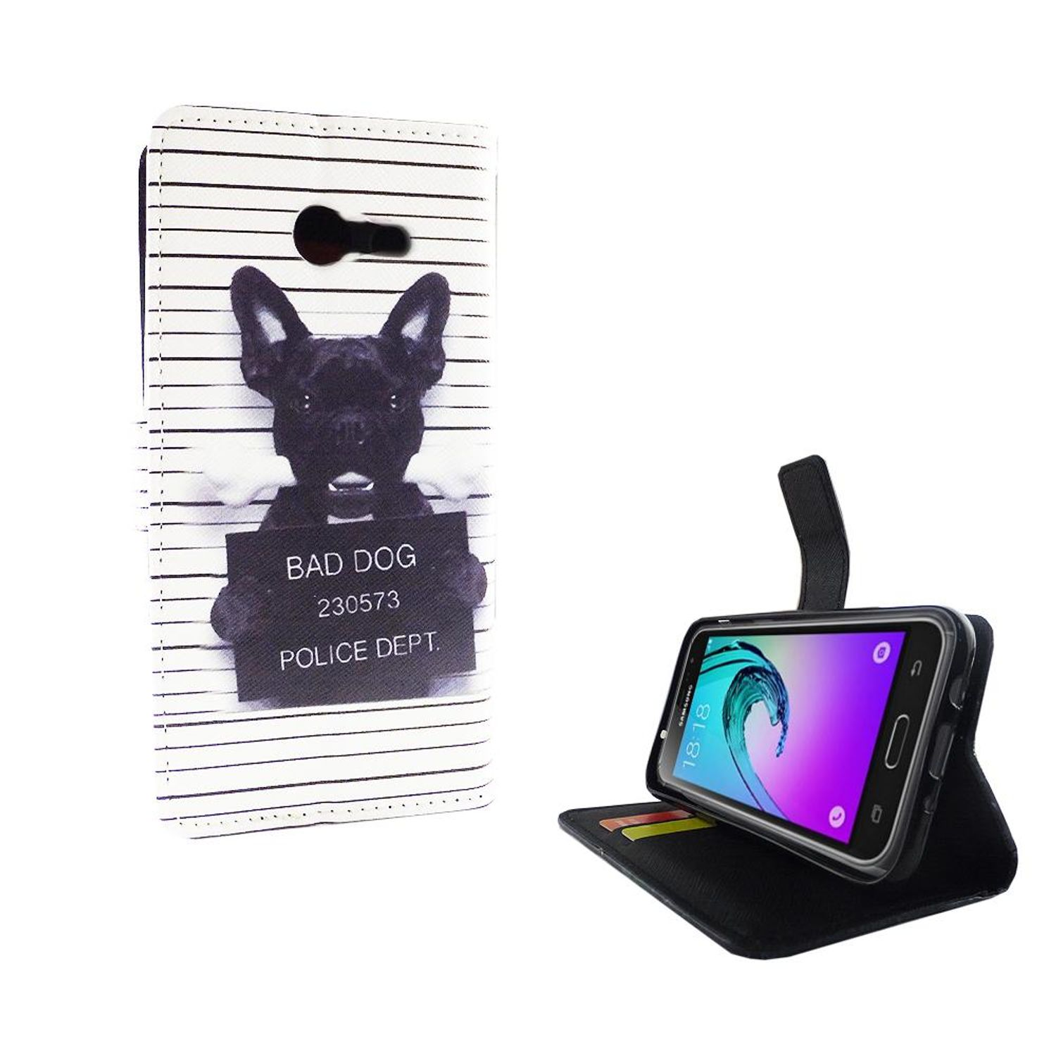 Handyhülle mit 'Bad Dog'-Design, Hund hält Schild, Telefon offen.