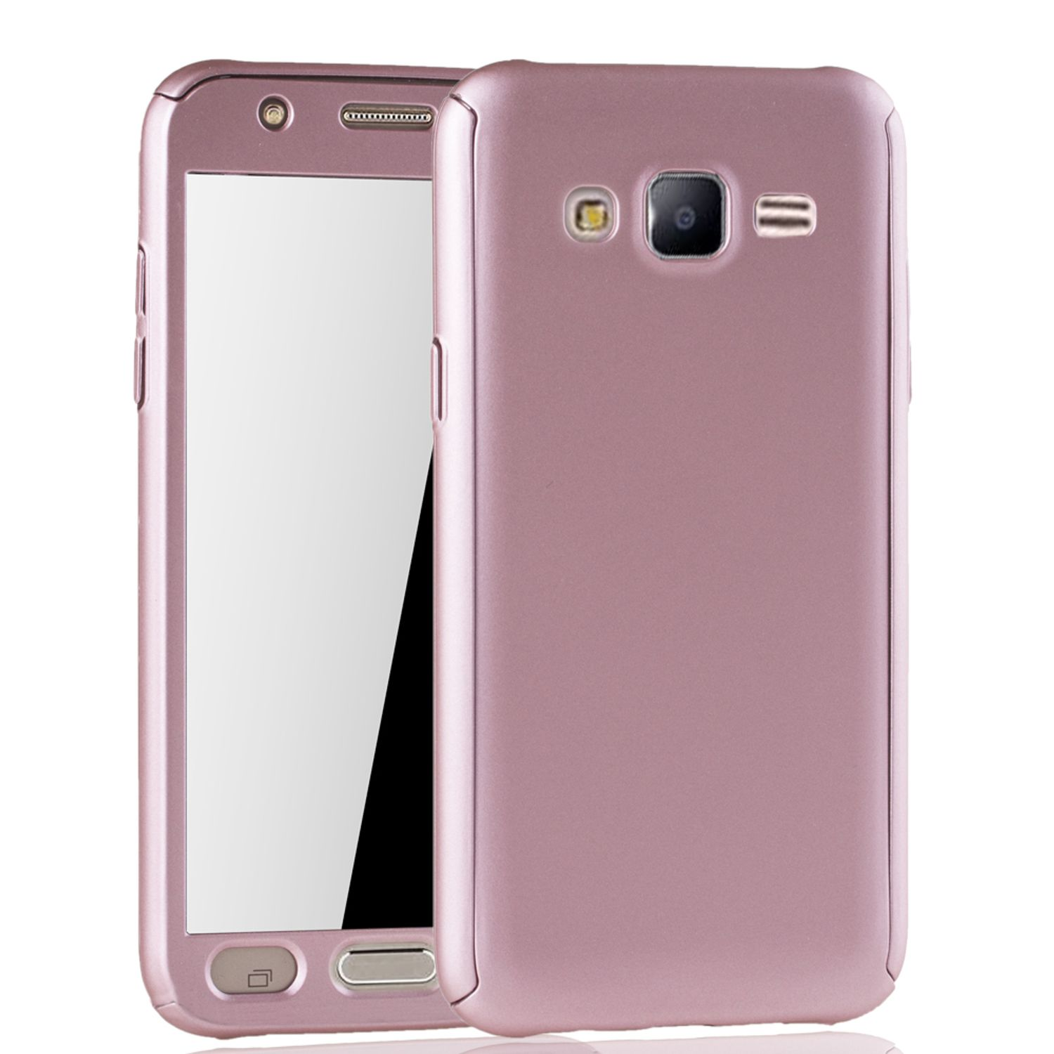 Ein pinkfarbenes Smartphone mit pinkfarbener Hülle, Rückseite sichtbar.