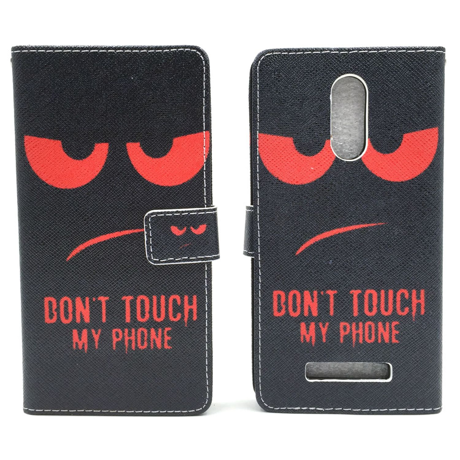 Schwarze Handyhülle mit roten Augen und den Worten "DON'T TOUCH MY PHONE" in Rot.