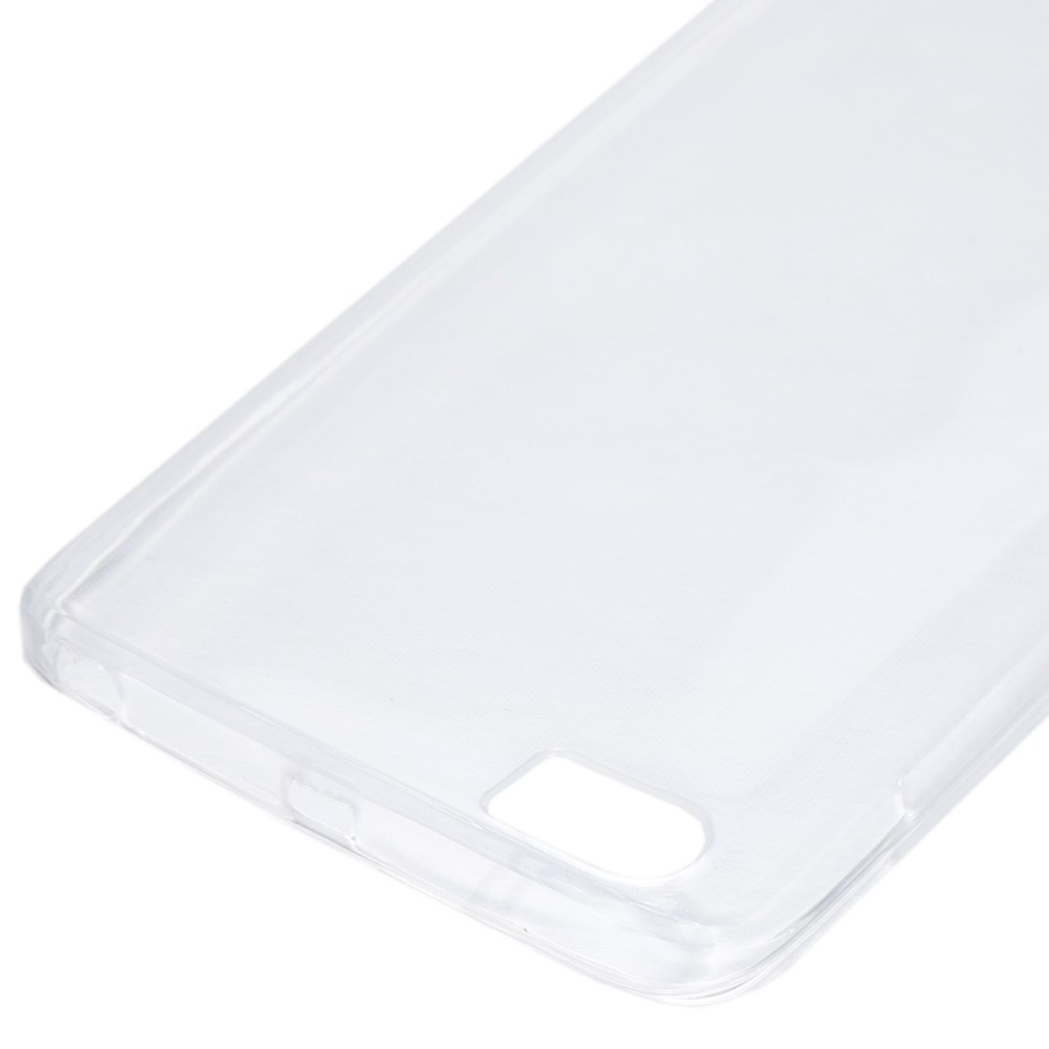 Transparente Handyhülle, die Hülle ist transparent und hat ein Loch für die Kamera.