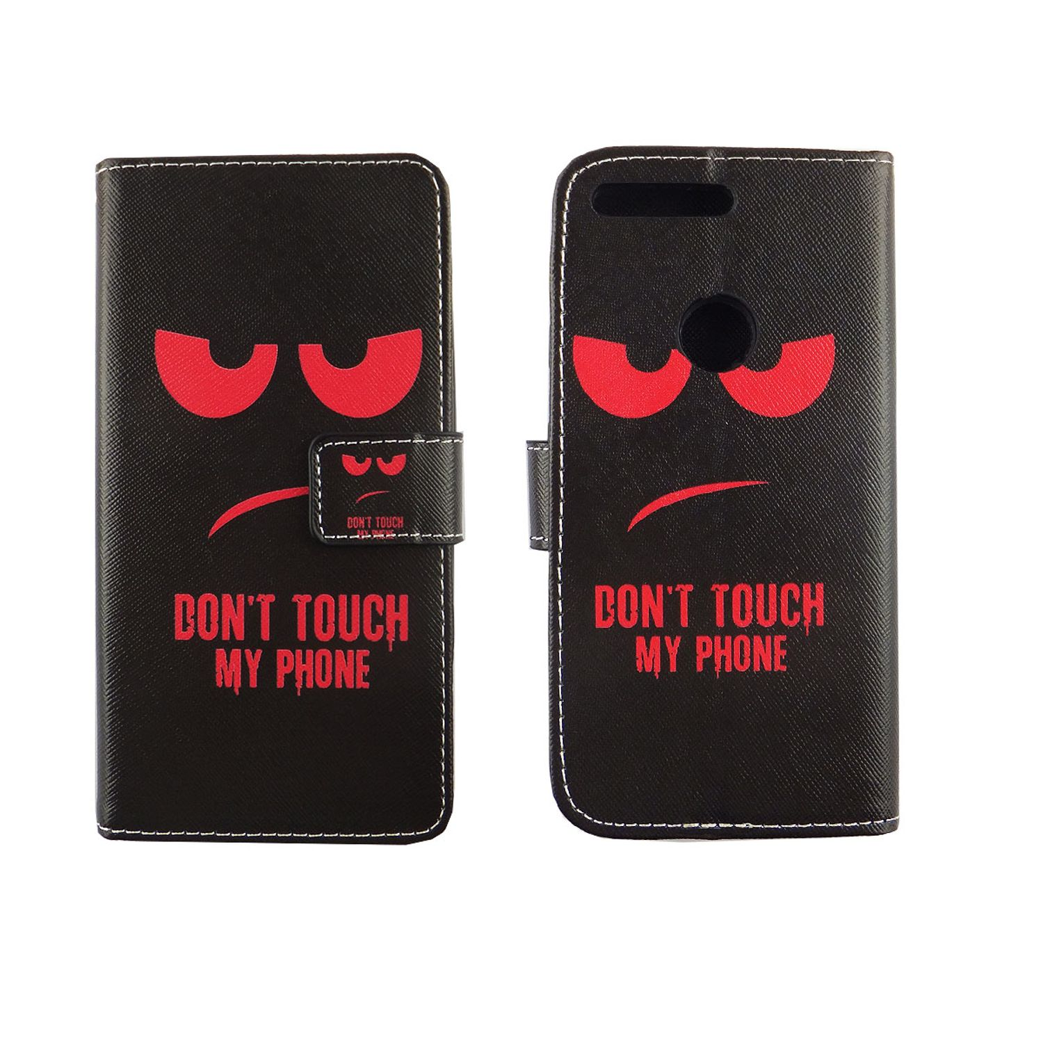 Zwei schwarze Handyhüllen mit roten, wütenden Gesichtern und dem Text 'DON'T TOUCH MY PHONE'.