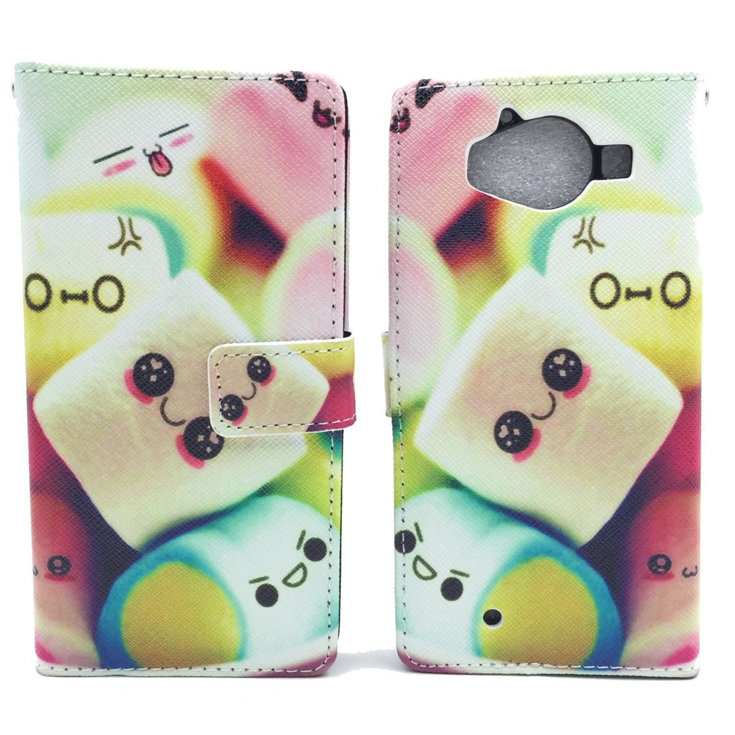 Eine bunte Handyhülle mit Marshmallow-Design, offen, mit einem Telefon darin.