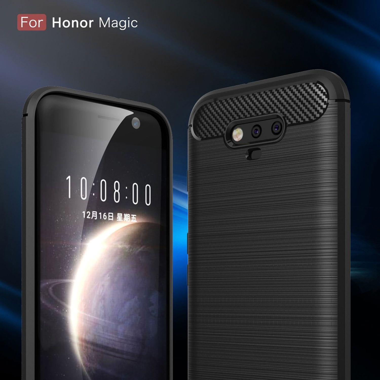 Schwarze Handyhülle mit schwarzem Telefon, zeigt die Uhrzeit 10:08:00 und das Datum 16.12. Für Honor Magic.
