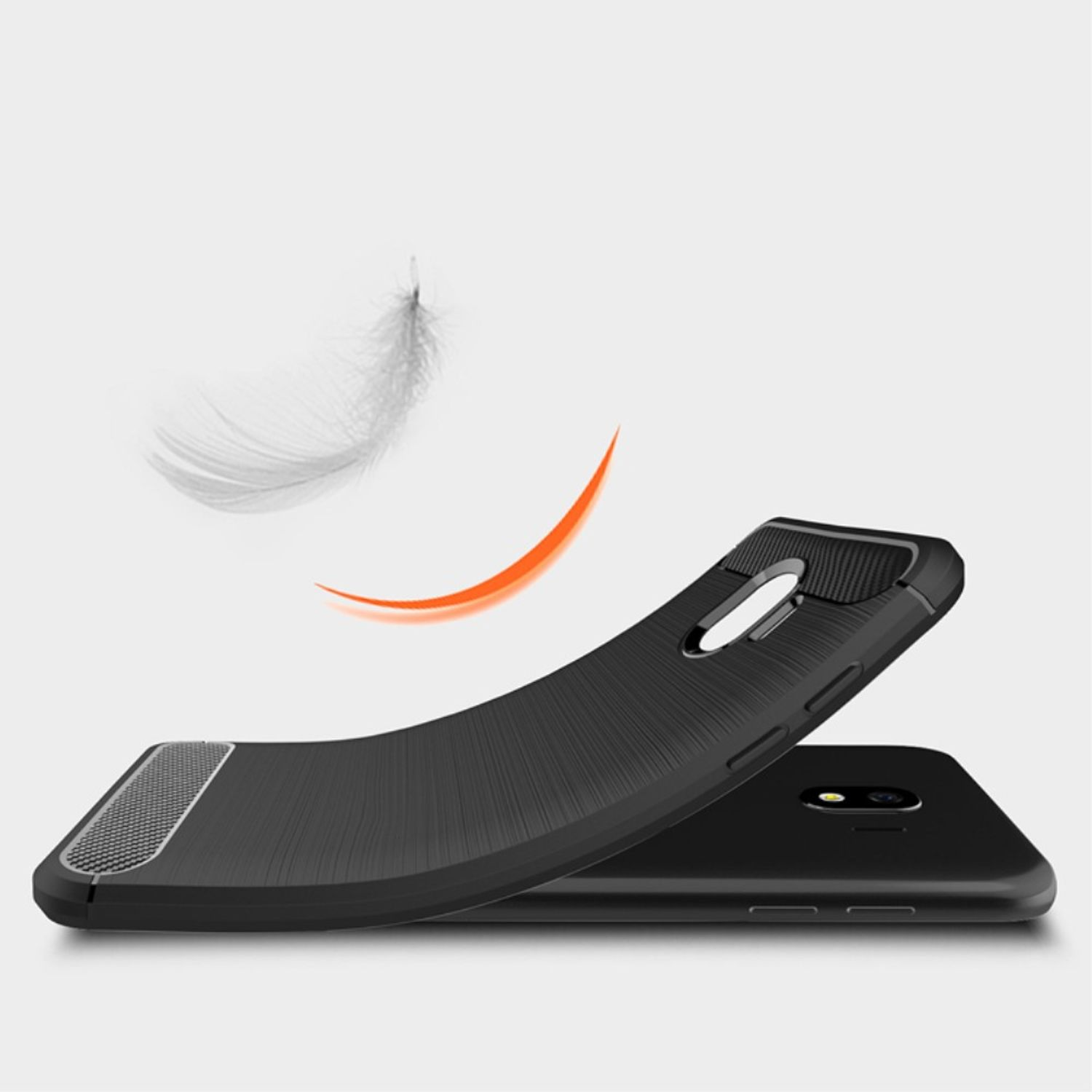 Schwarze Handyhülle mit Feder und orangefarbener Linie. Der Hintergrund ist weiß.