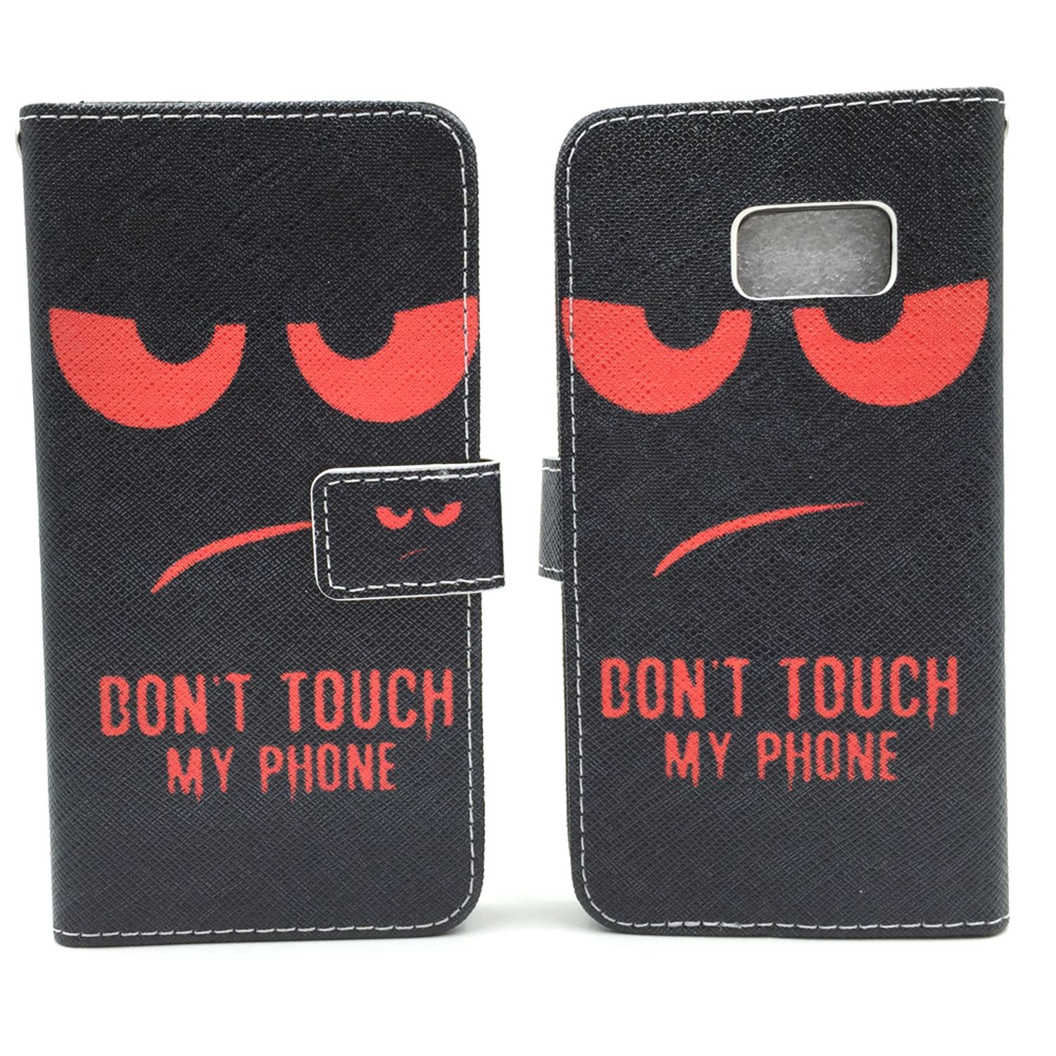 Schwarze Handyhülle mit roten Augen und Text: Don't Touch My Phone, auf weißem Hintergrund.