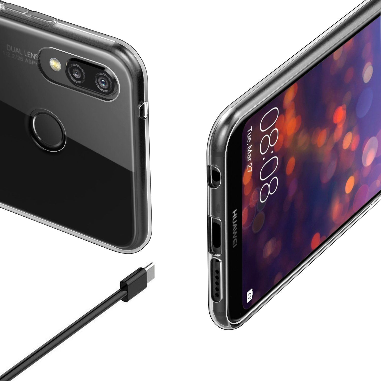 Transparente Handyhülle mit Telefon. Das Telefon hat einen Bildschirm mit Uhrzeit. Schwarzes Ladekabel.