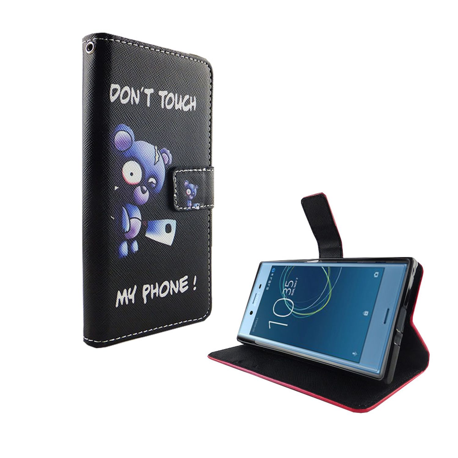 Schwarze Handyhülle mit blauem Bären und Text 'DON'T TOUCH MY PHONE!'. Weißer Hintergrund.
