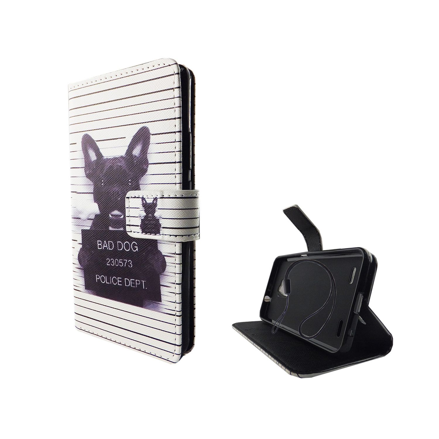 Handyhülle mit einem Hund-Fahndungsfoto-Design. Schwarz-weiße Streifen mit einem Hund und Text.