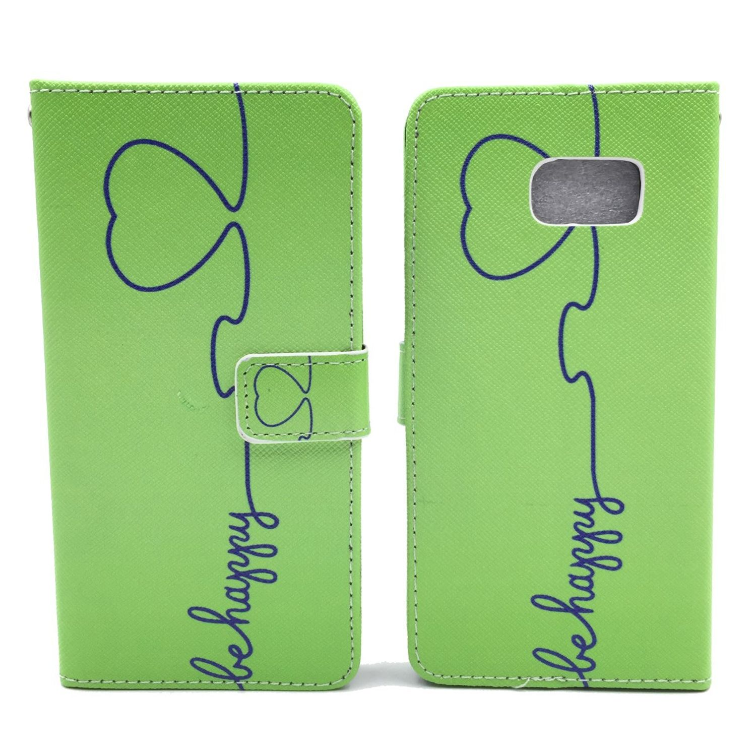 Grüne Handyhülle, offen. Zeigt ein Kleeblatt-Design und die Worte 'be happy' in Schreibschrift.