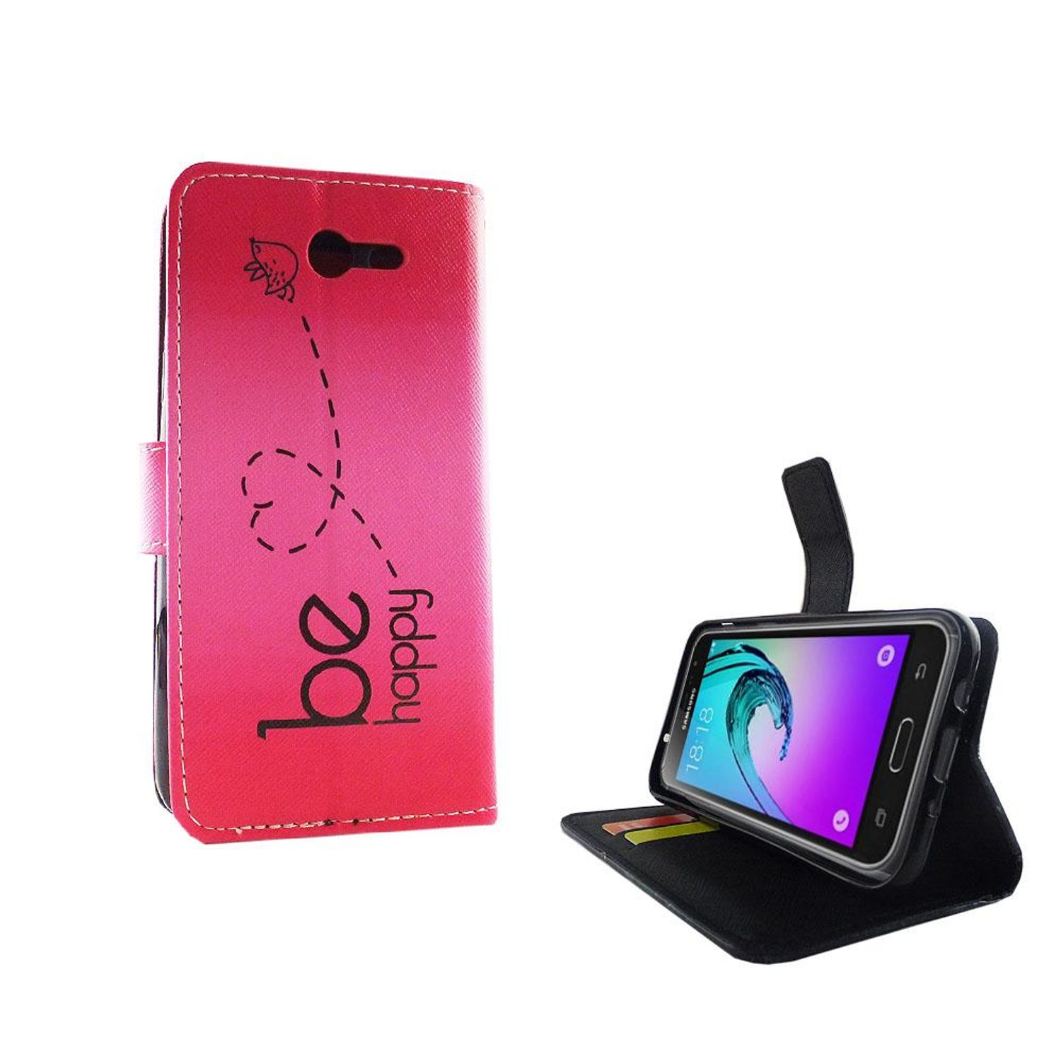 Telefon in rosa Hülle. Geöffnete Hülle zeigt rosafarbenes Gradientendesign. Telefon ist in der Hülle.