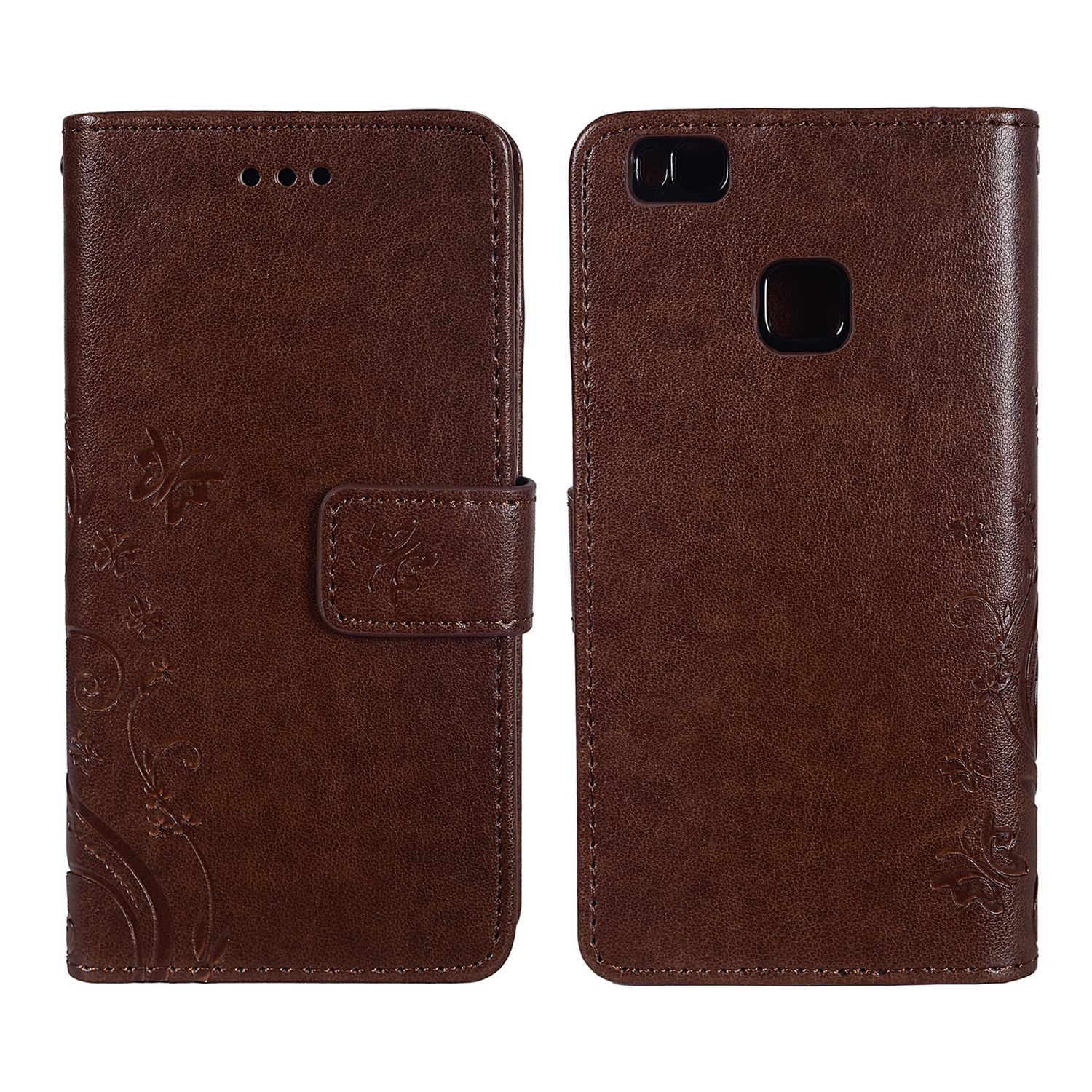 Braune Handyhülle mit floralem Design, geöffnet, um ein Telefon zu zeigen, auf weißer Oberfläche.