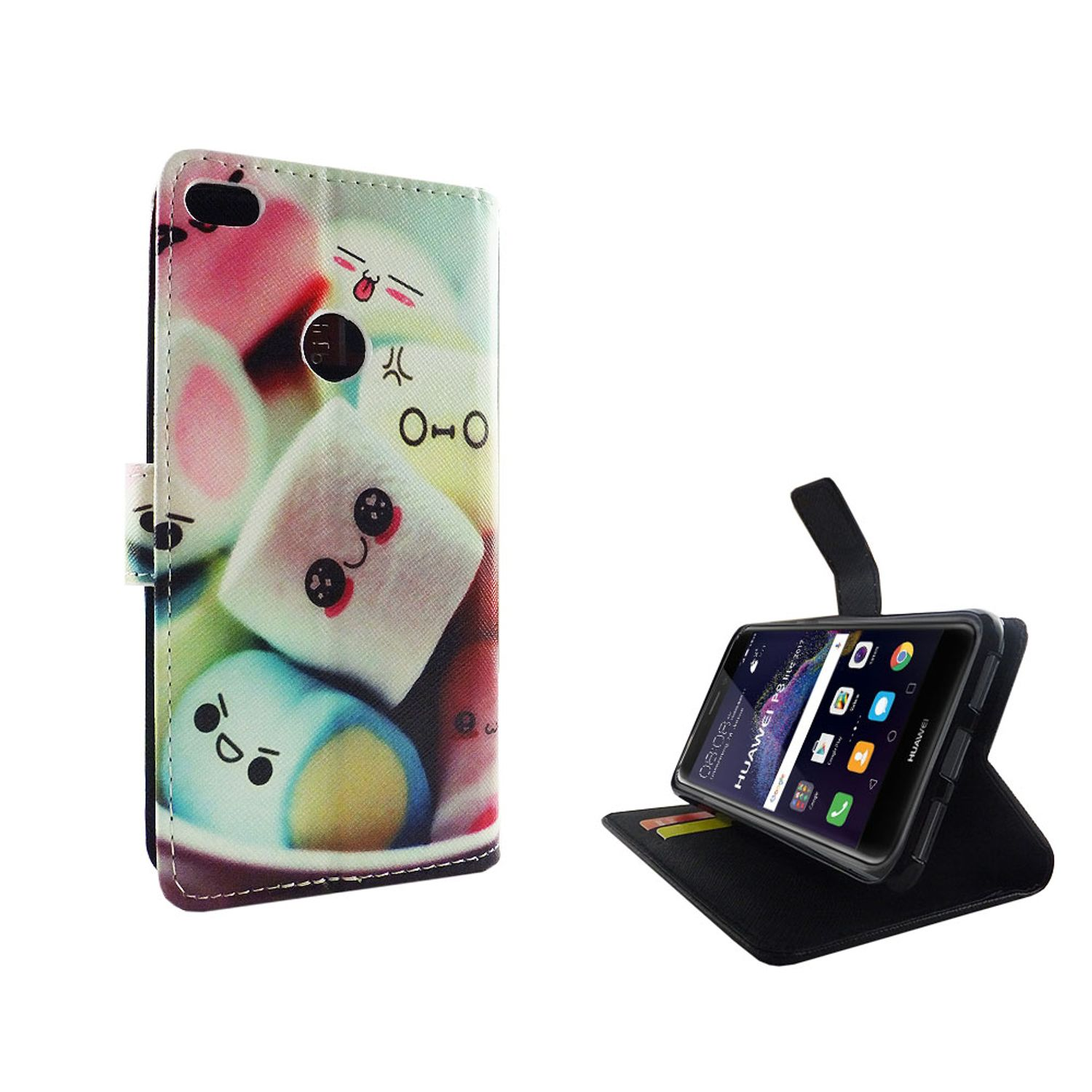 Handyhülle mit Marshmallows. Telefon ist geöffnet mit Startbildschirm.