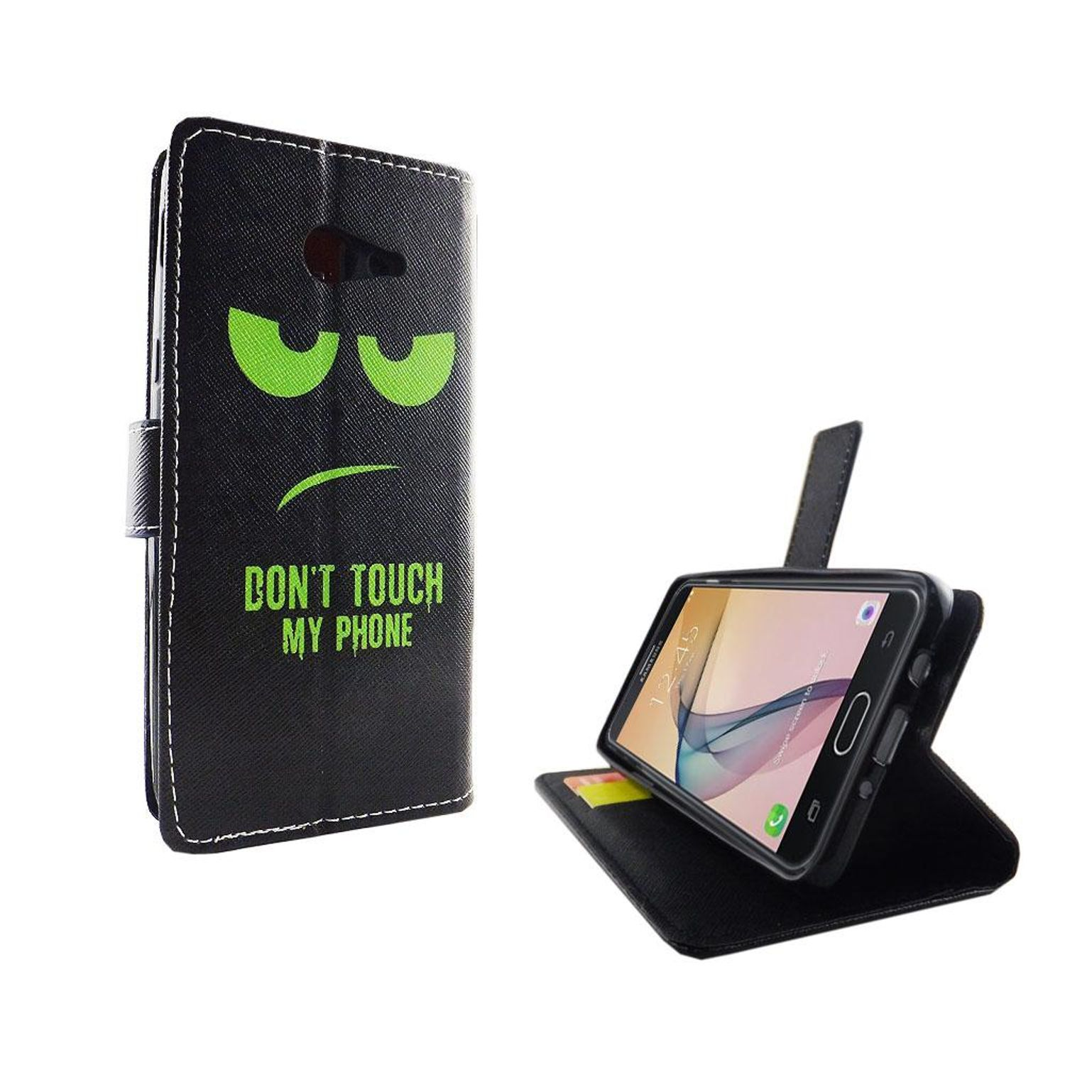 Schwarze Handyhülle mit den Worten 'DON'T TOUCH MY PHONE' und einem grimmigen Gesicht.