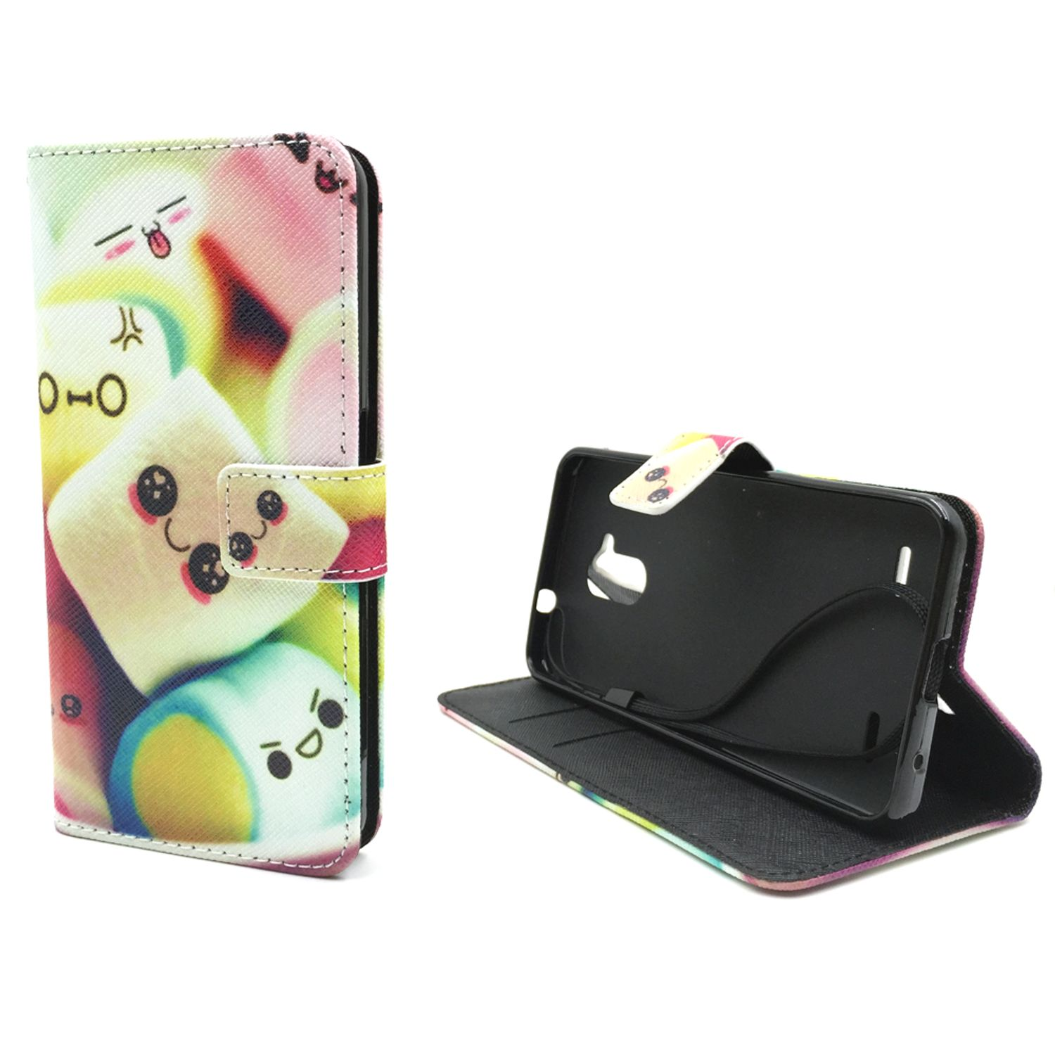 Handyhülle mit buntem Marshmallow-Design. Geöffnete Hülle, Innenseite sichtbar.