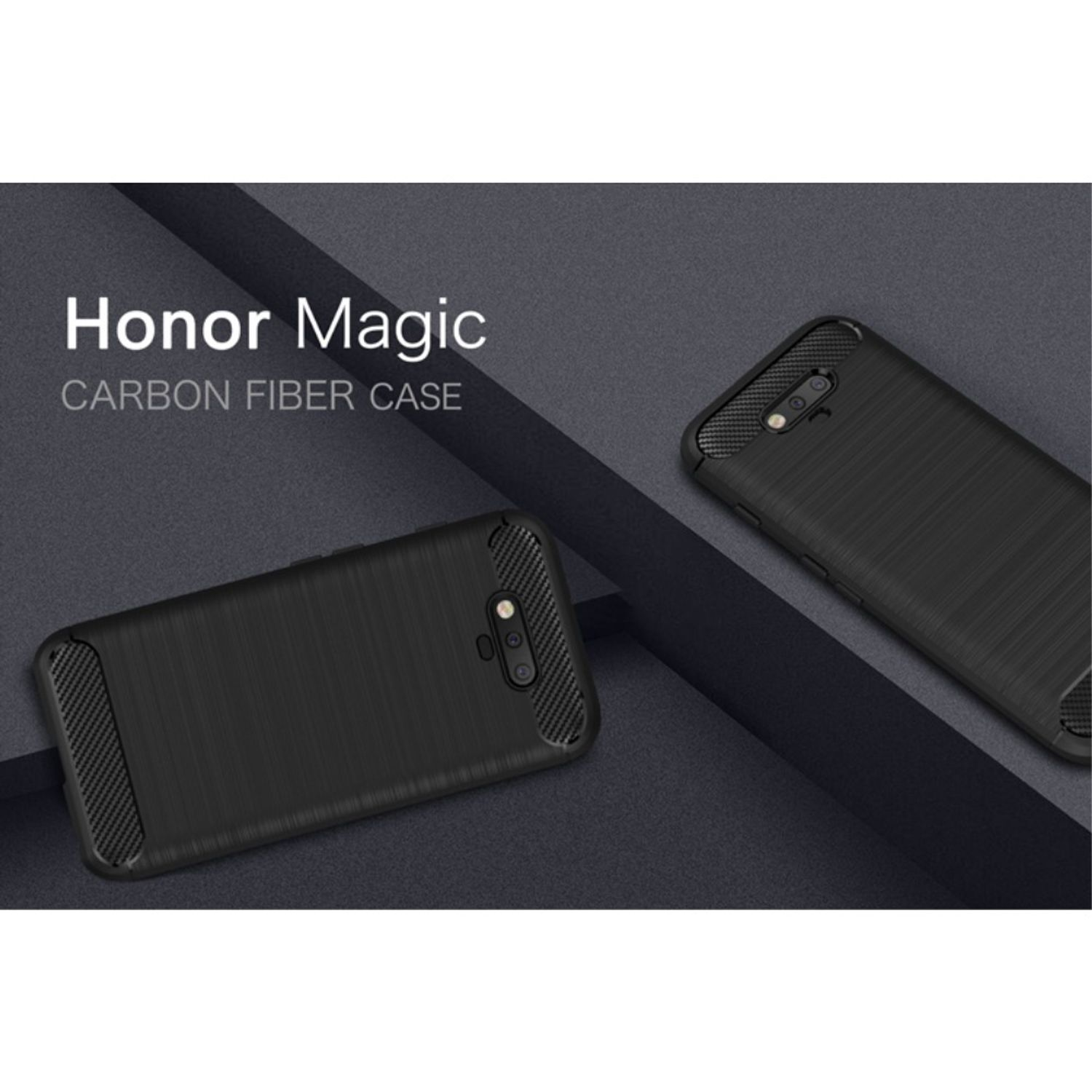 Zwei schwarze Handyhüllen. Text: Honor Magic CARBON FIBER CASE. Weißer Hintergrund.