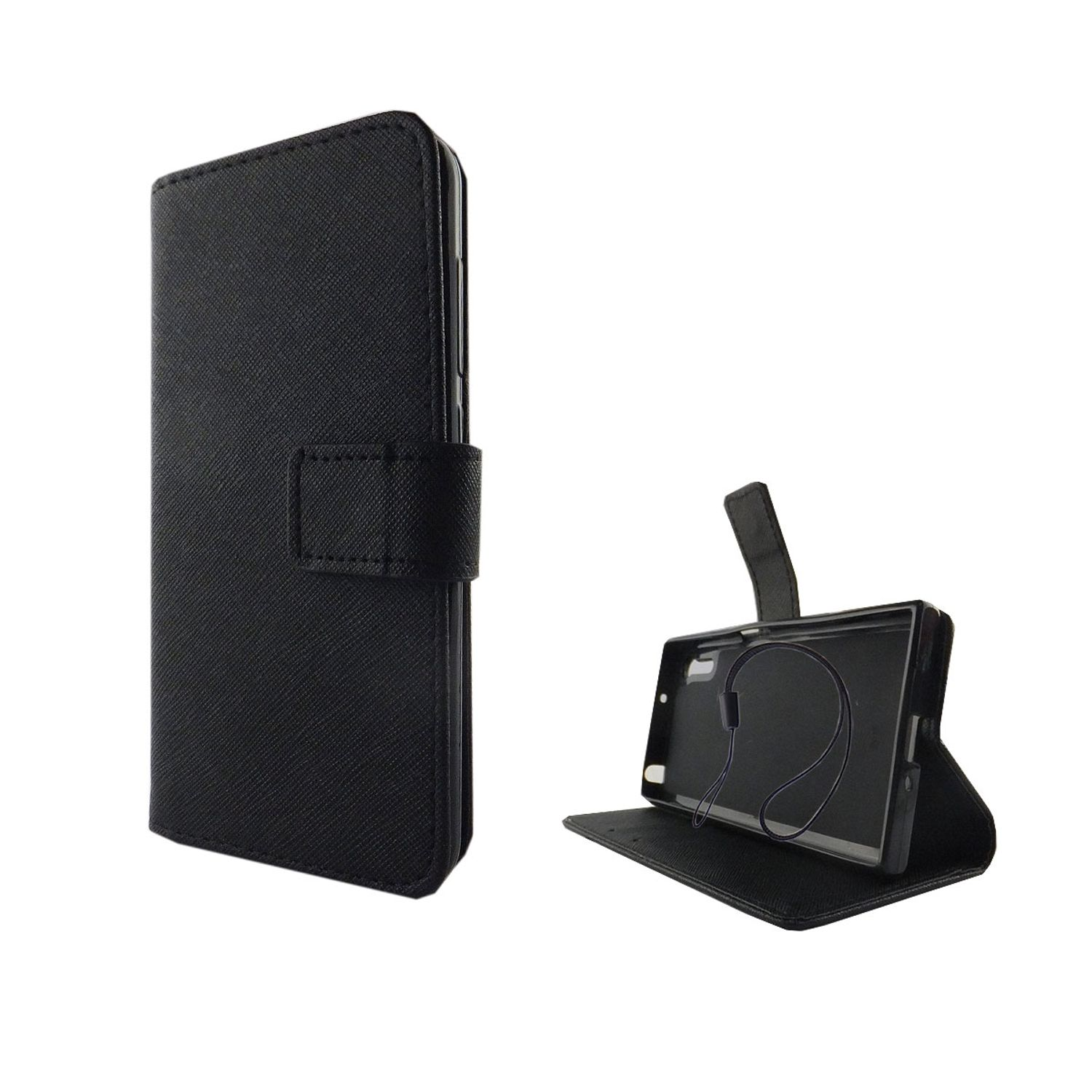 Schwarze Handyhülle mit glatter Oberfläche. Das Telefon ist geöffnet und auf dem Display.