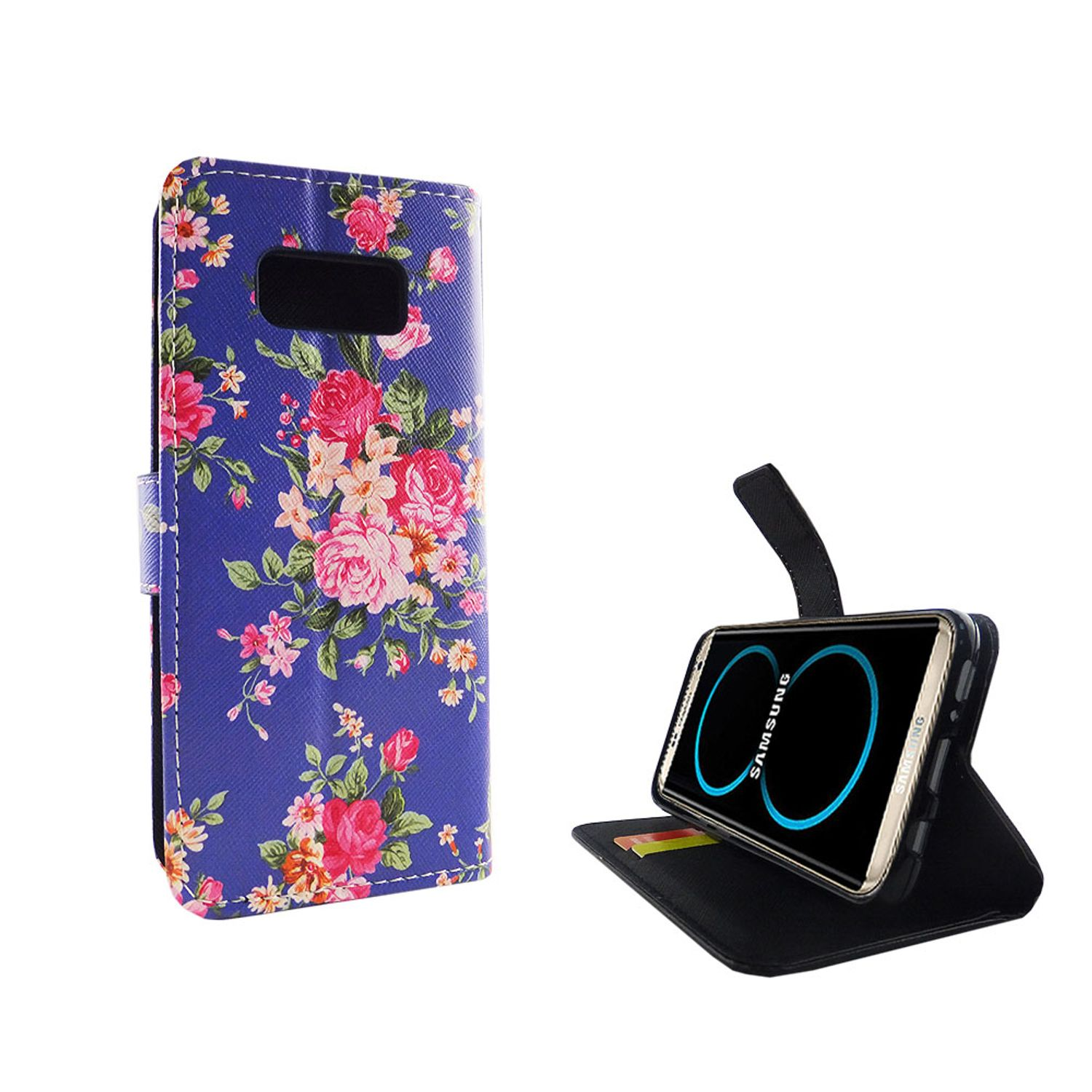 Blaue, florale Handyhülle, geöffnet, um das Telefon zu zeigen. Das Telefon befindet sich in der Hülle und auf dem Display.