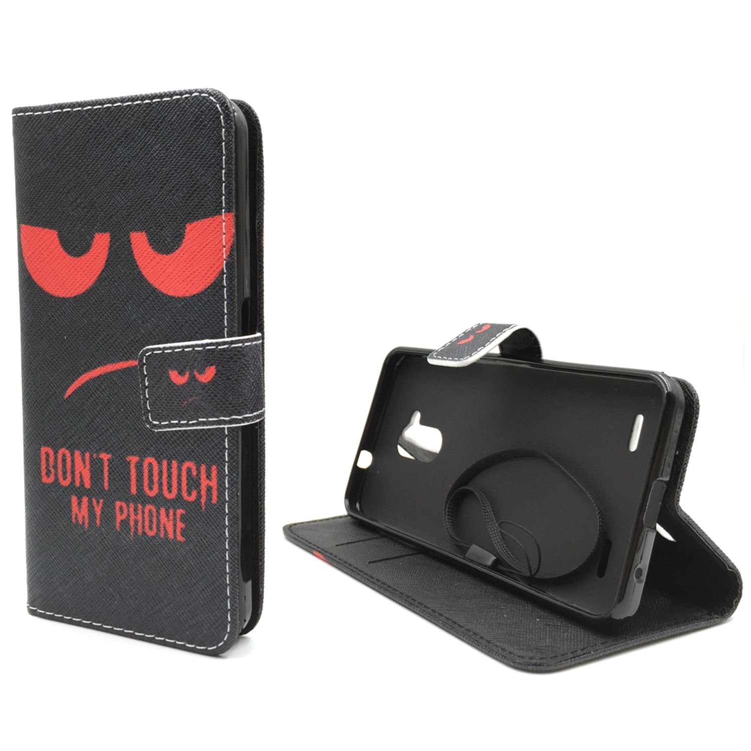Schwarze Handyhülle mit Text: DON'T TOUCH MY PHONE und wütenden Augen. Telefon ist geöffnet.